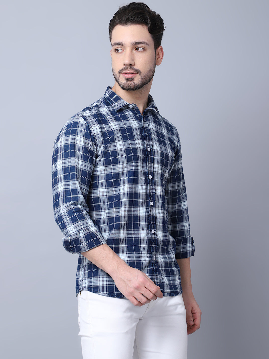 Cantabil Cotton Checkered Navy Blue Full Sleeve Casual Shirt for Men with Pocket (7048430518411)