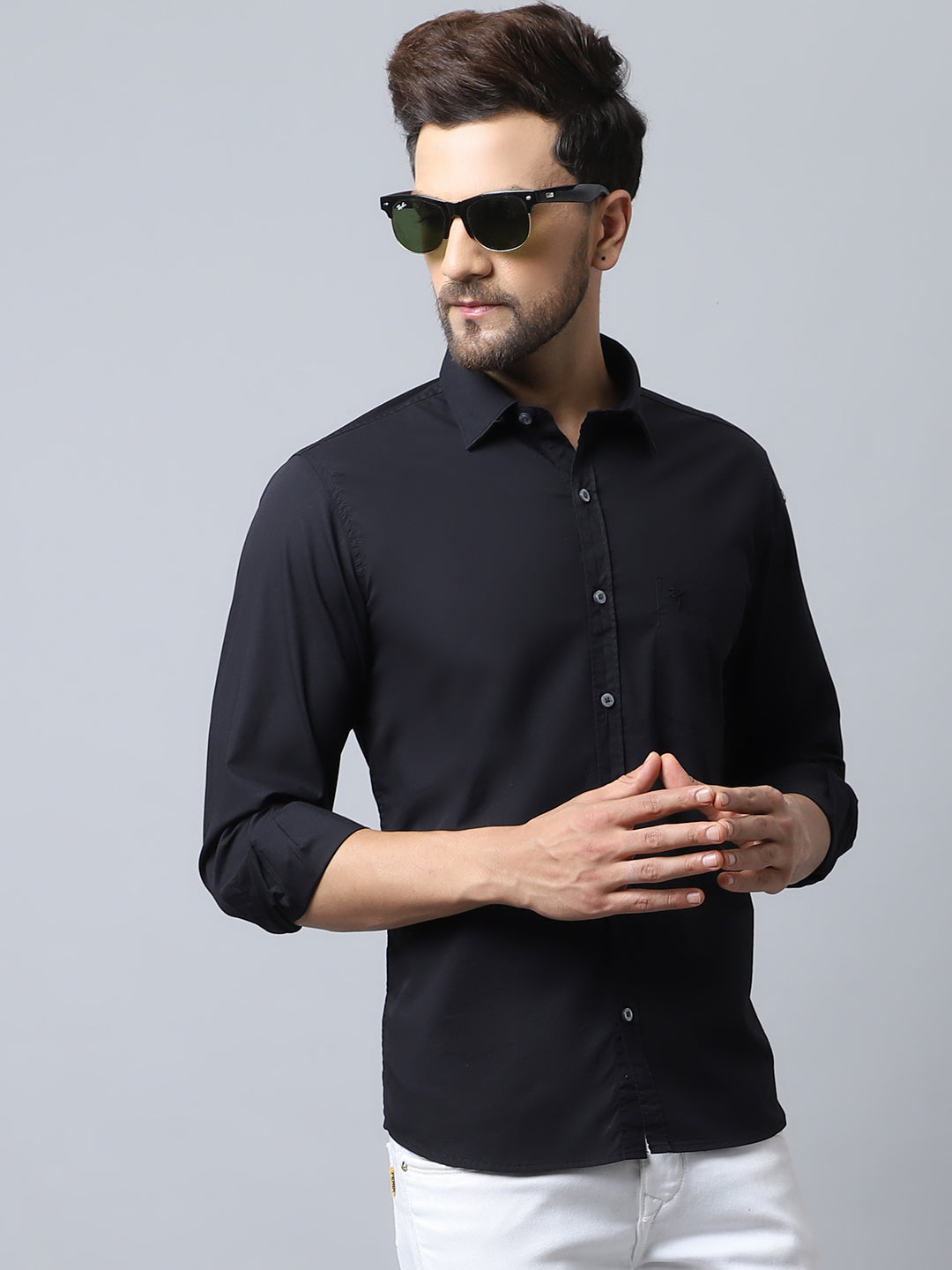 Cantabil Cotton Blend Solid Black Full Sleeve Casual Shirt for Men with Pocket (7048419803275)