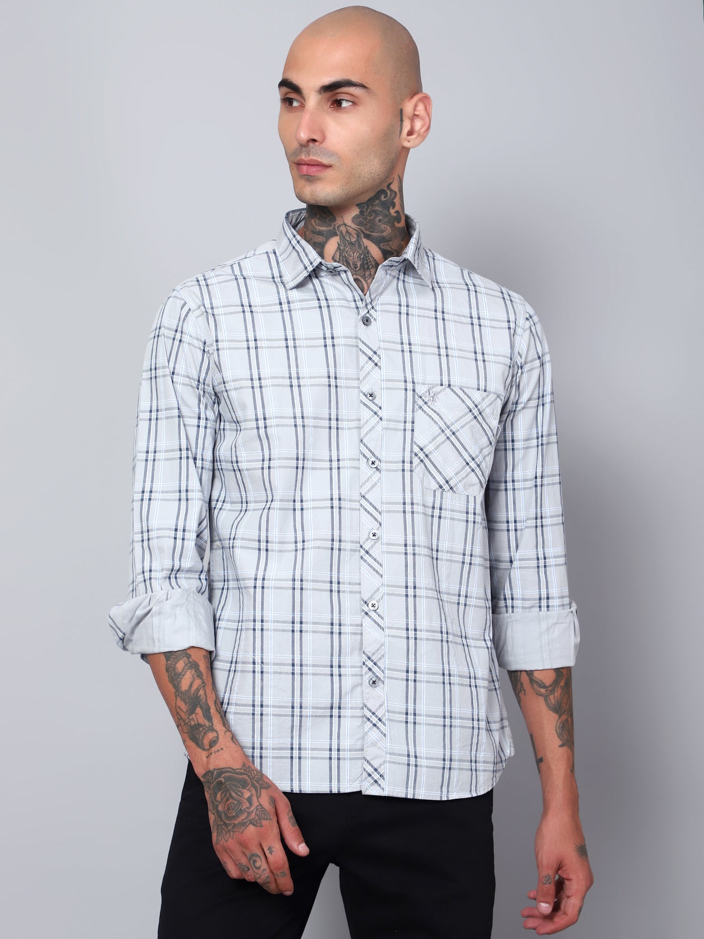 Cantabil Men Grey Checkered Full Sleeves Casual Shirt (7153400021131)