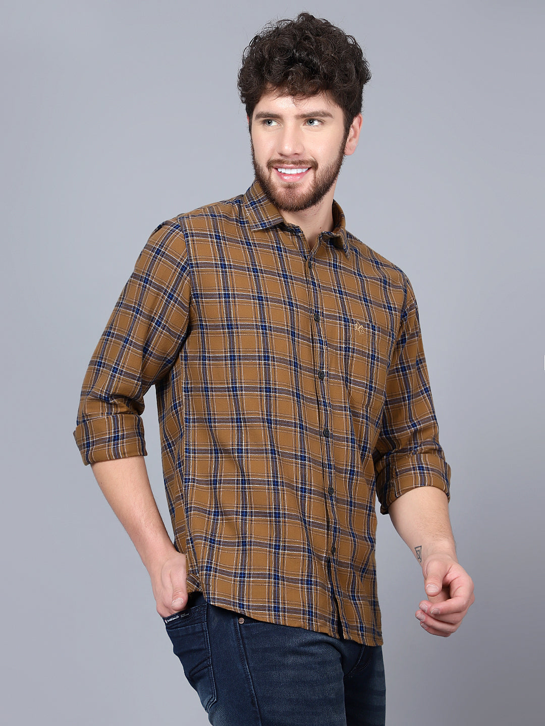 Cantabil Cotton Checkered Brown Full Sleeve Casual Shirt for Men with Pocket (7091323830411)