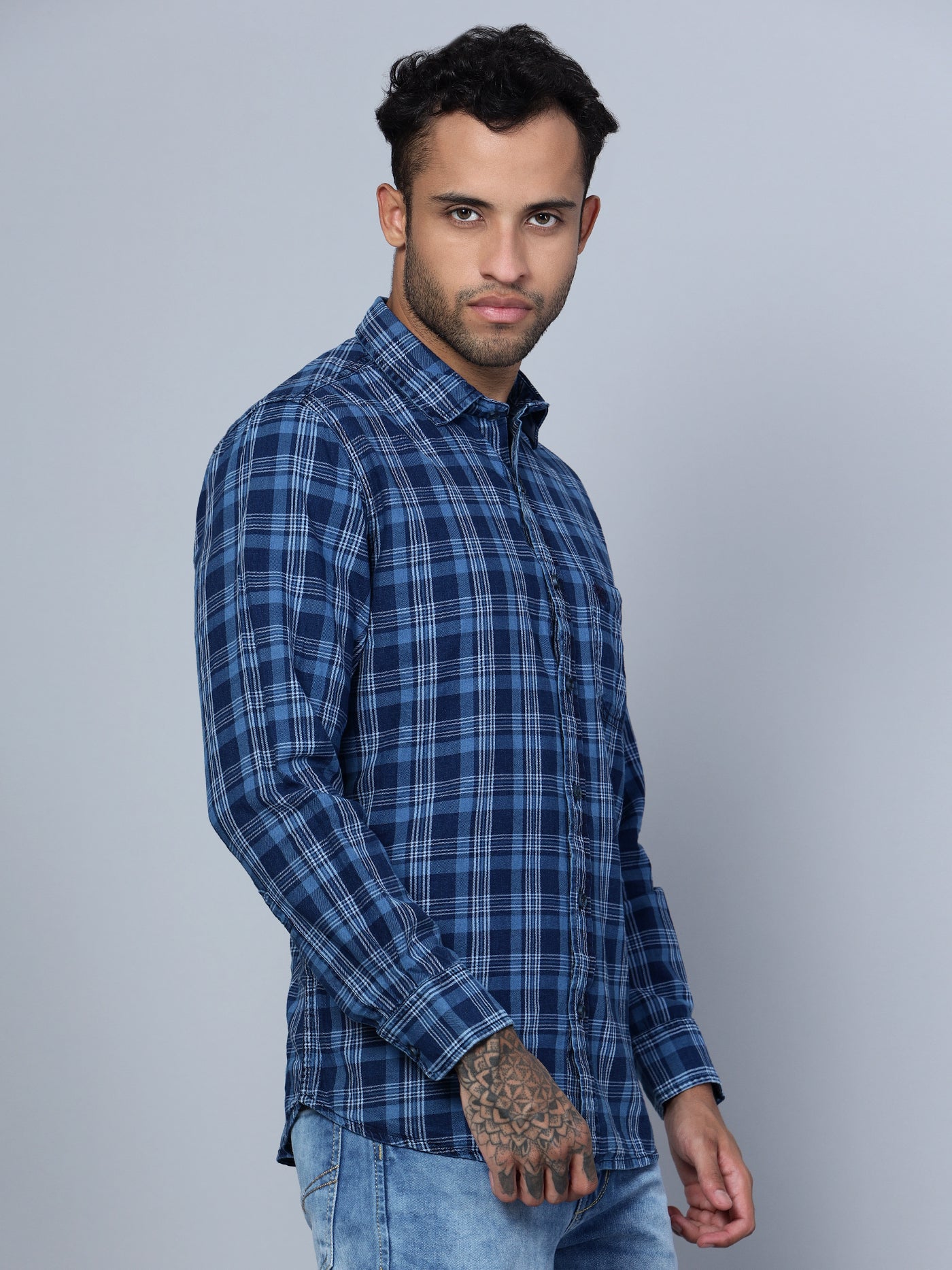 Cantabil Cotton Checkered Navy Blue Full Sleeve Casual Shirt for Men with Pocket (7135832244363)
