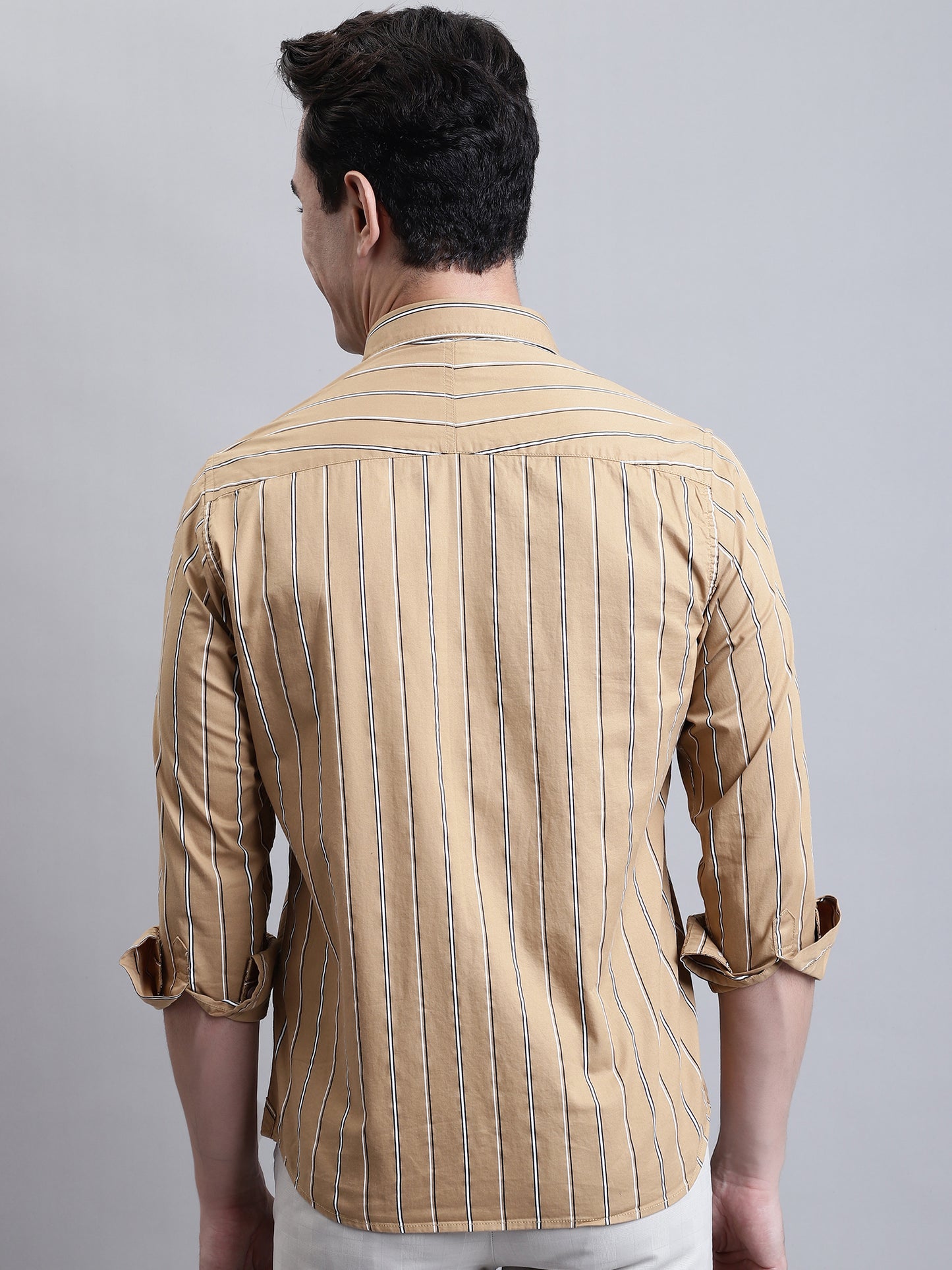 Cantabil Men Khaki Striped Full Sleeves Casual Shirt (7156384039051)