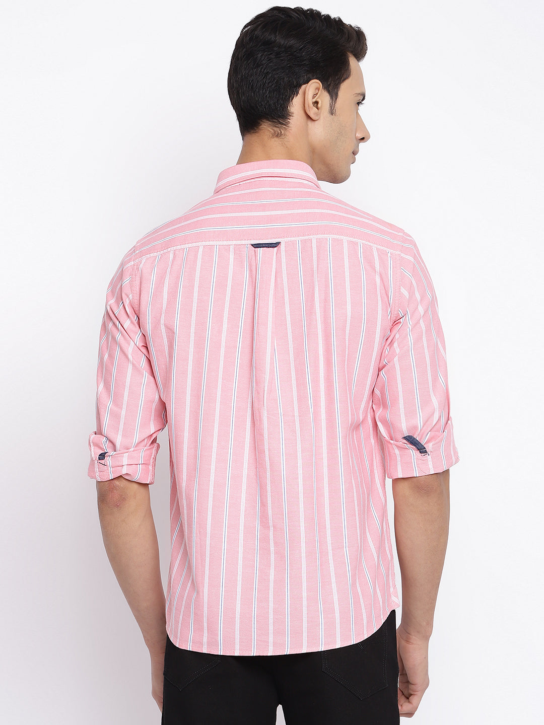 Cantabil Cotton Striped Pink Full Sleeve Casual Shirt for Men with Pocket (7050342596747)