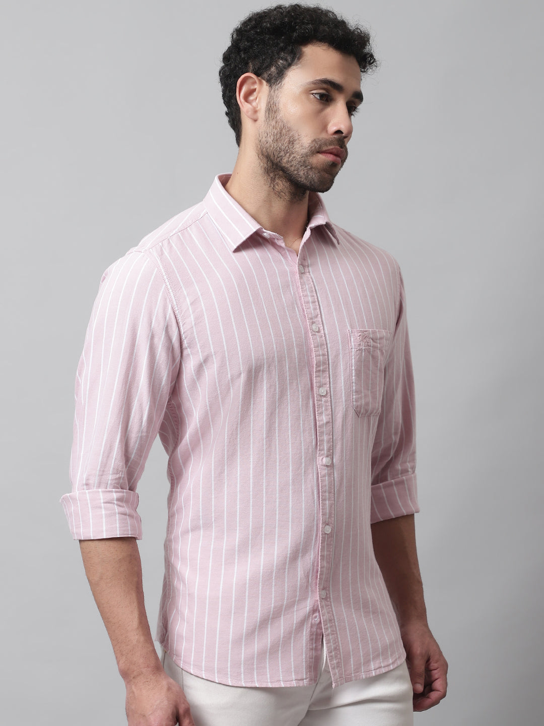 Cantabil Cotton Striped Pink Full Sleeve Casual Shirt for Men with Pocket (7070769381515)