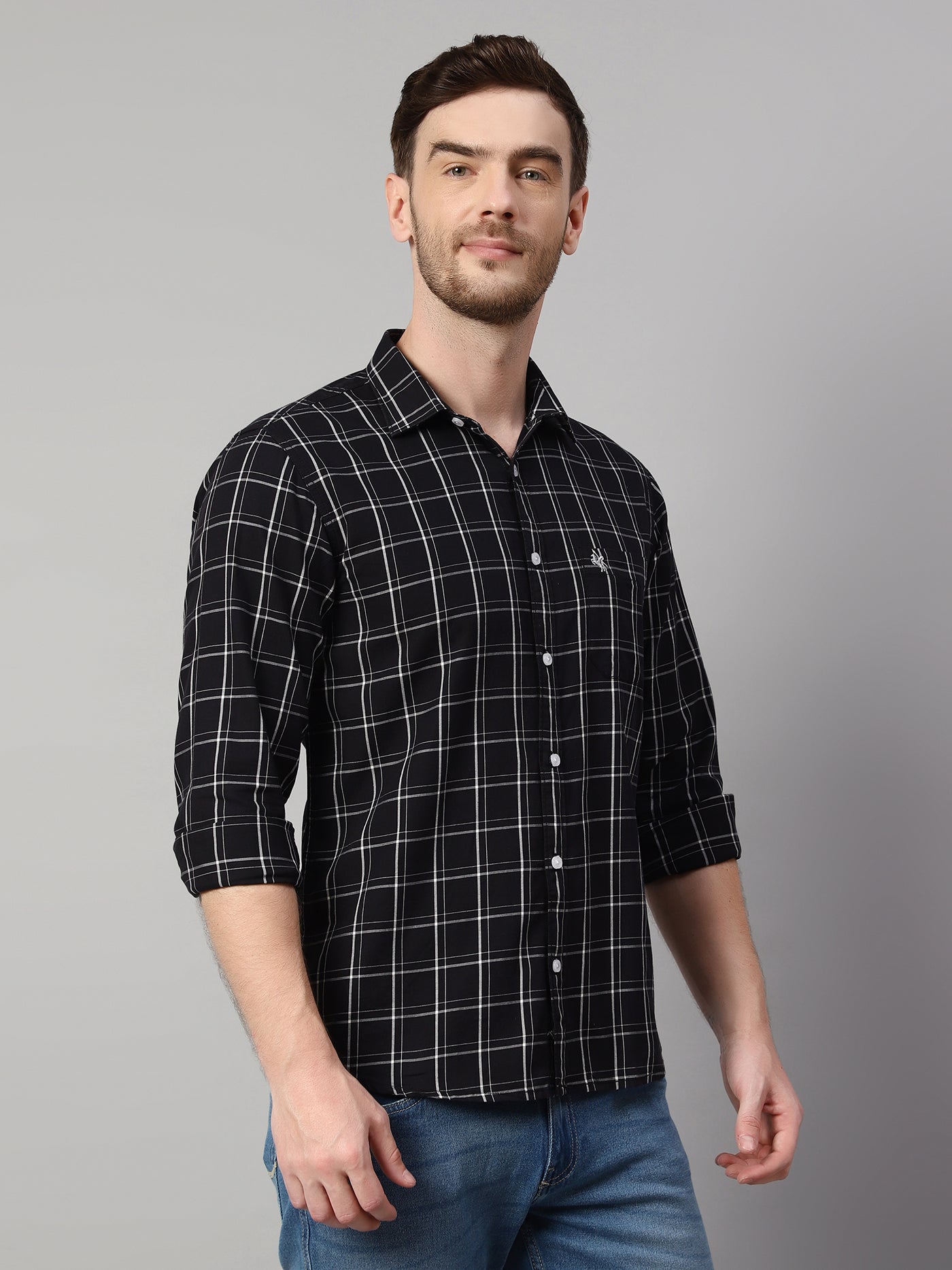 Cantabil Cotton Checkered Black Full Sleeve Casual Shirt for Men with Pocket (7114282795147)