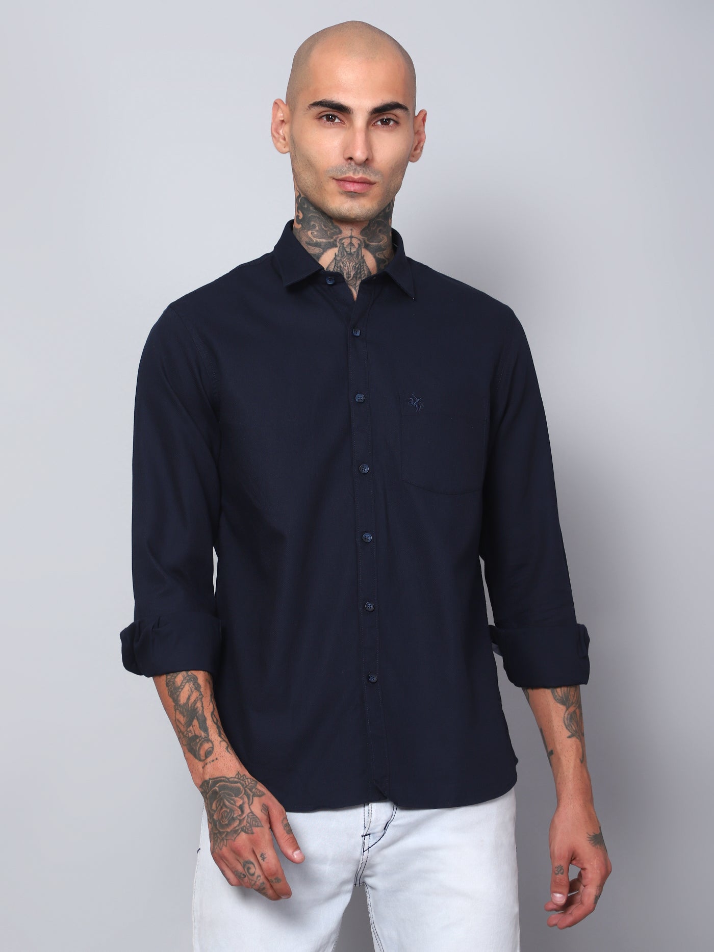 Cantabil Men Navy Blue Self Design Full Sleeves Casual Shirt (7153400938635)