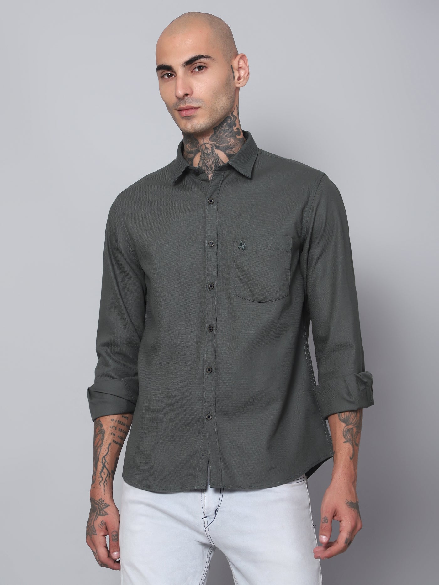 Cantabil Men Olive Self Design Full Sleeves Casual Shirt (7153407819915)