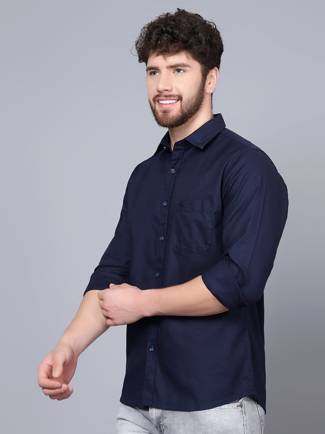 Cantabil Cotton Self Design Navy Blue Full Sleeve Casual Shirt for Men with Pocket (7091352993931)