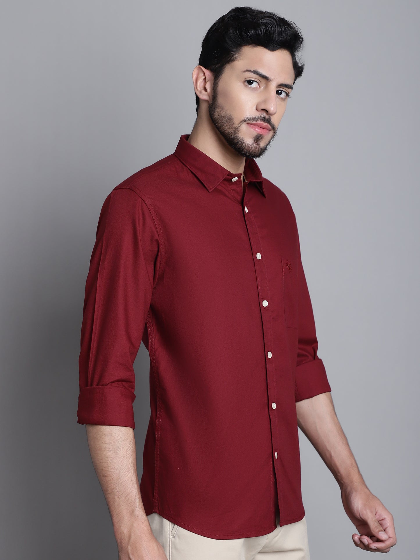 Cantabil Cotton Maroon Self Design Full Sleeve Regular Fit Casual Shirt for Men with Pocket (7165414867083)