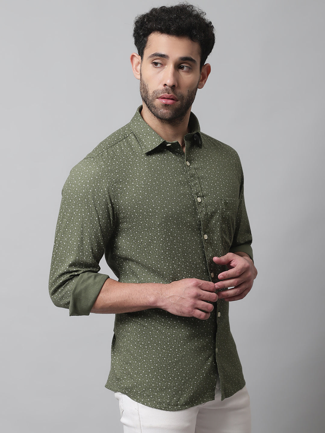 Cantabil Cotton Printed Olive Full Sleeve Casual Shirt for Men with Pocket (7070775378059)