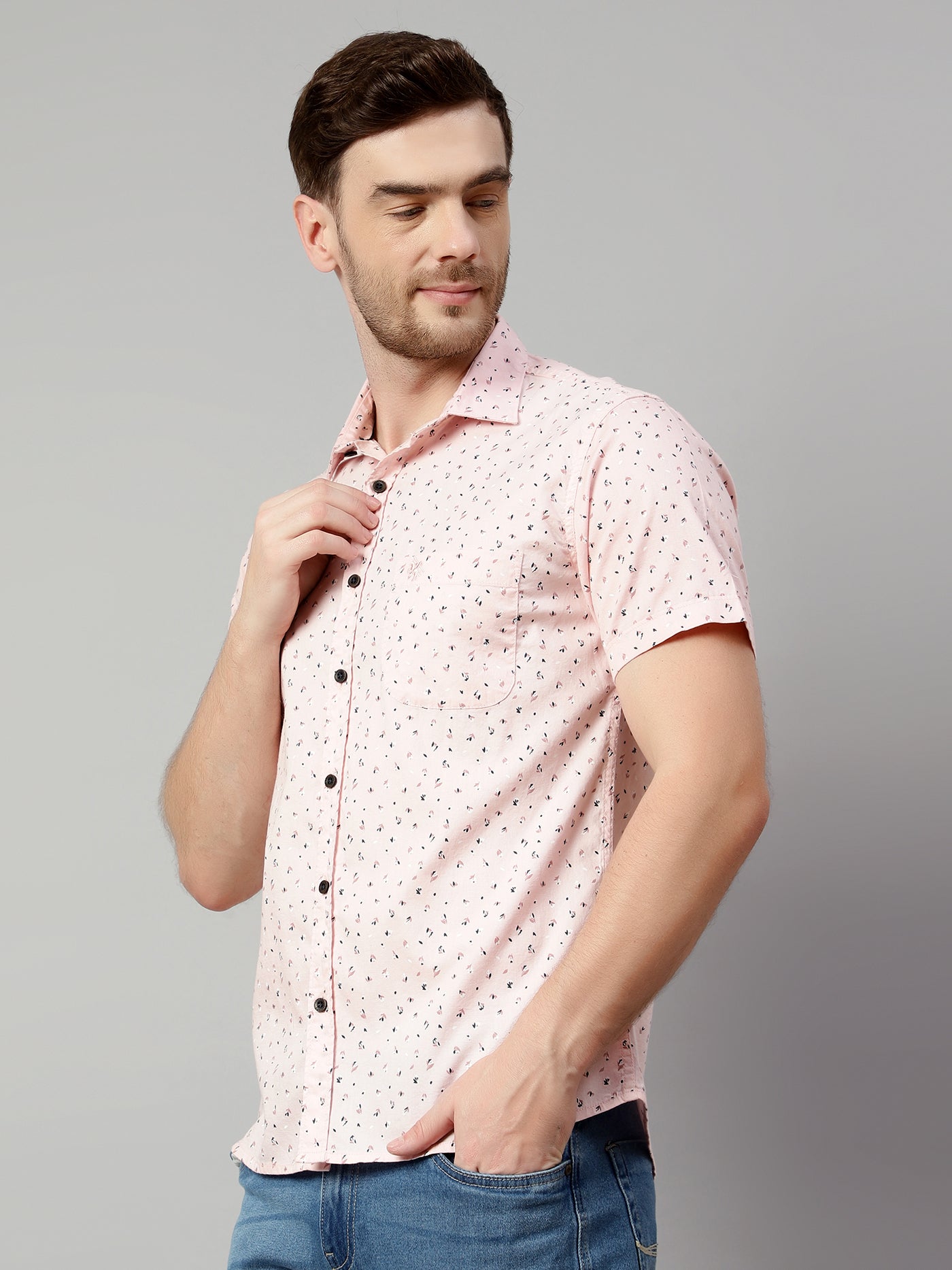 Cantabil Cotton Printed Pink Half Sleeve Casual Shirt for Men with Pocket (7114283679883)