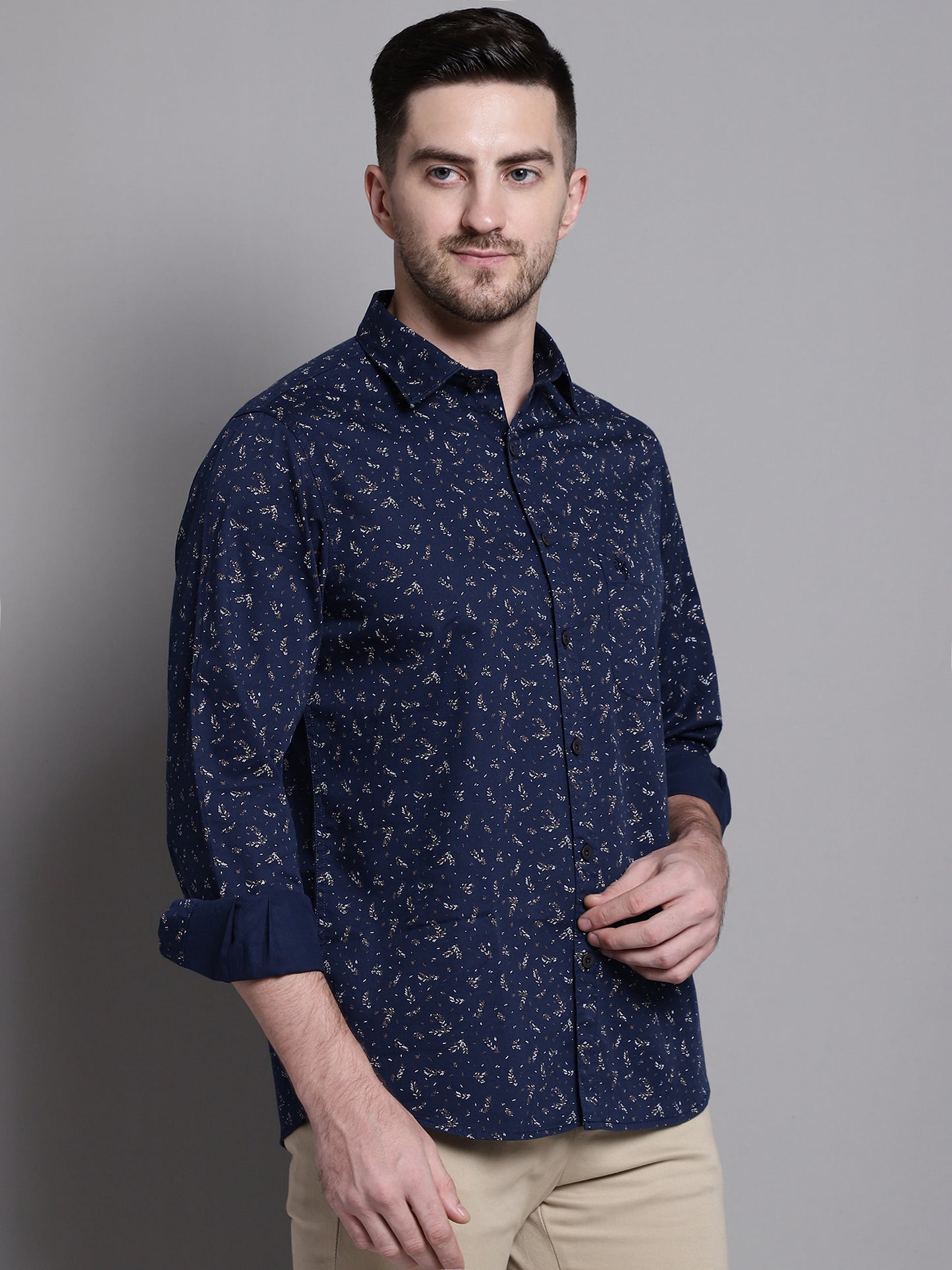 Cantabil Men Cotton Floral Printed Navy Blue Full Sleeves Casual Shirt for Men with Pocket (7159827660939)