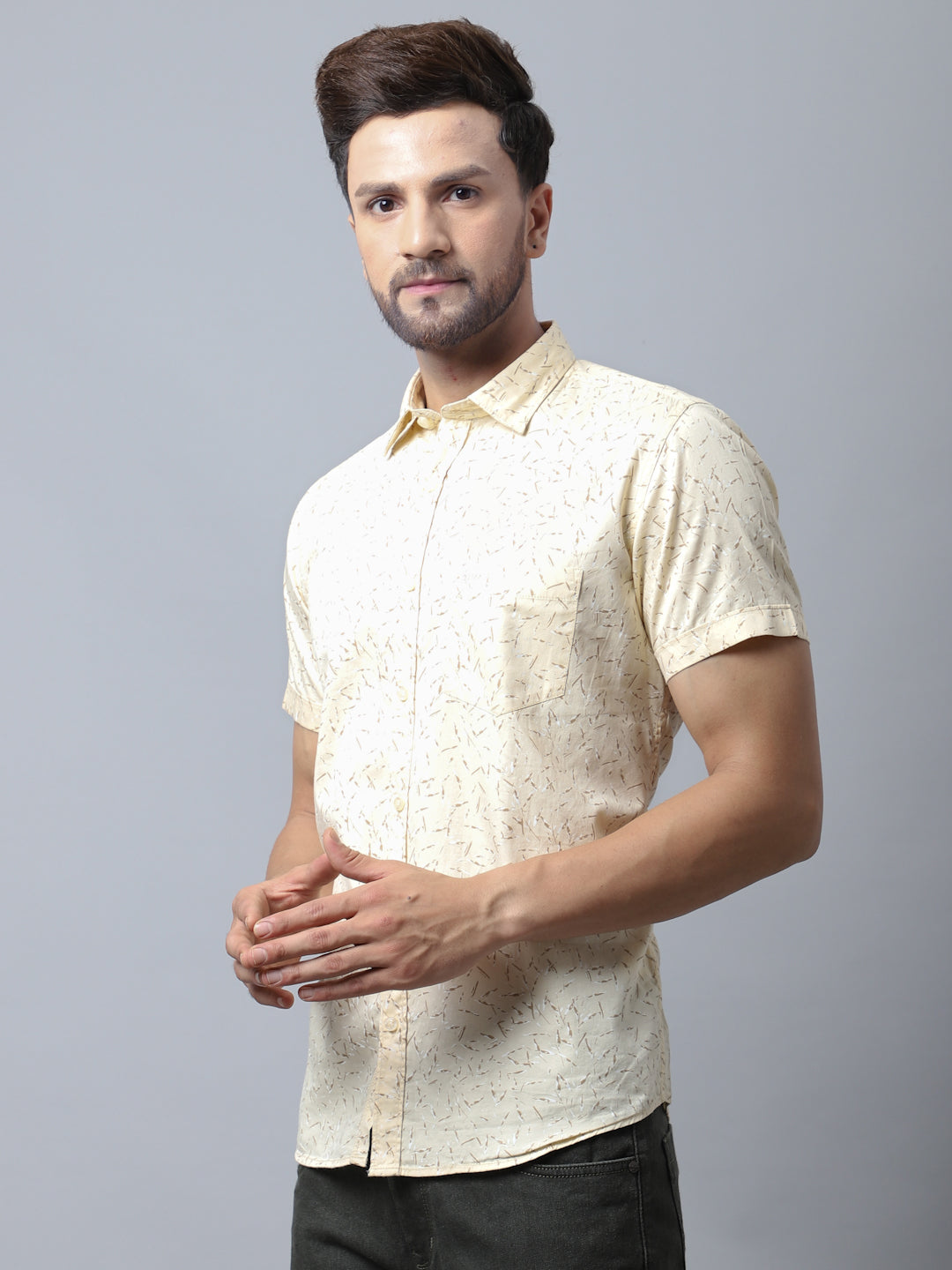Cantabil Cotton Printed Yellow Half Sleeve Casual Shirt for Men with Pocket (7048868233355)