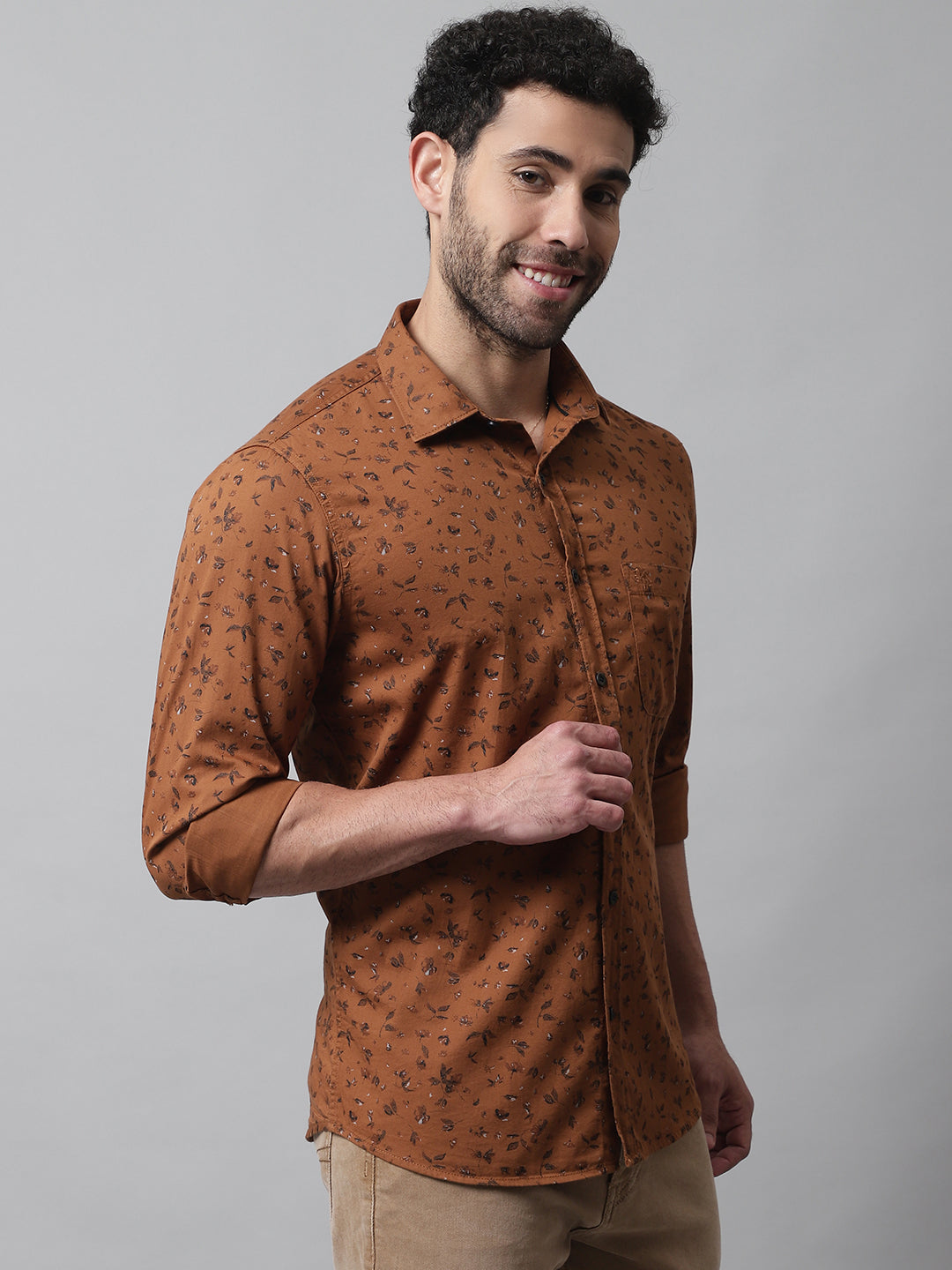Cantabil Cotton Printed Brown Full Sleeve Casual Shirt for Men with Pocket (7070775804043)