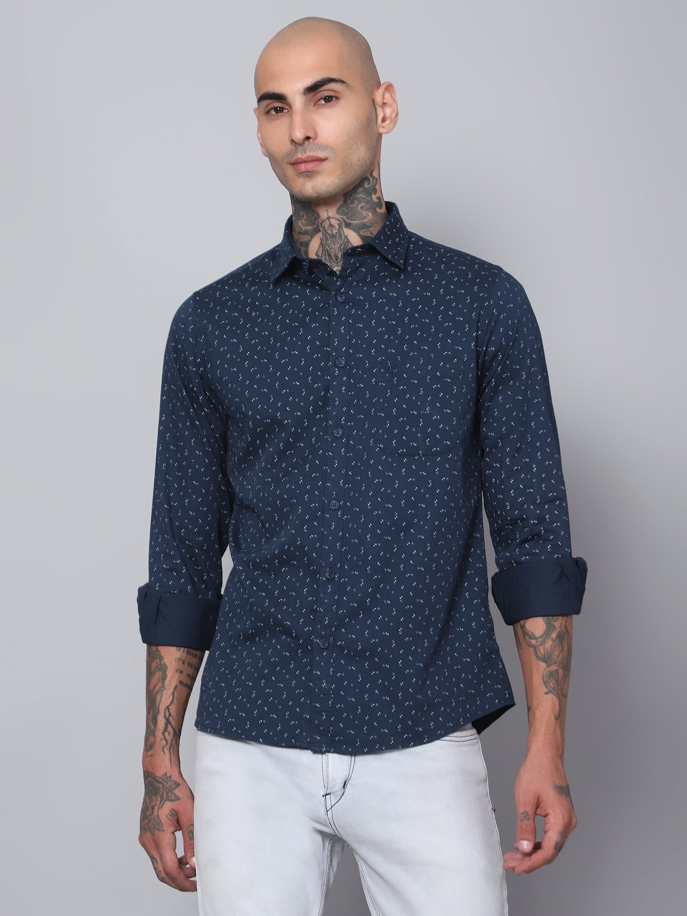 Cantabil Men Navy Blue Floral Printed Full Sleeves Casual Shirt (7153402773643)