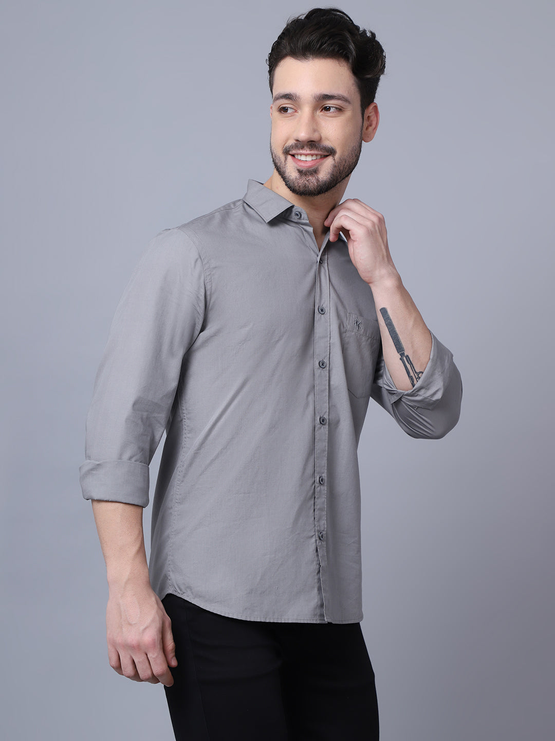 Cantabil Cotton Solid Grey Full Sleeve Casual Shirt for Men with Pocket (7057392926859)