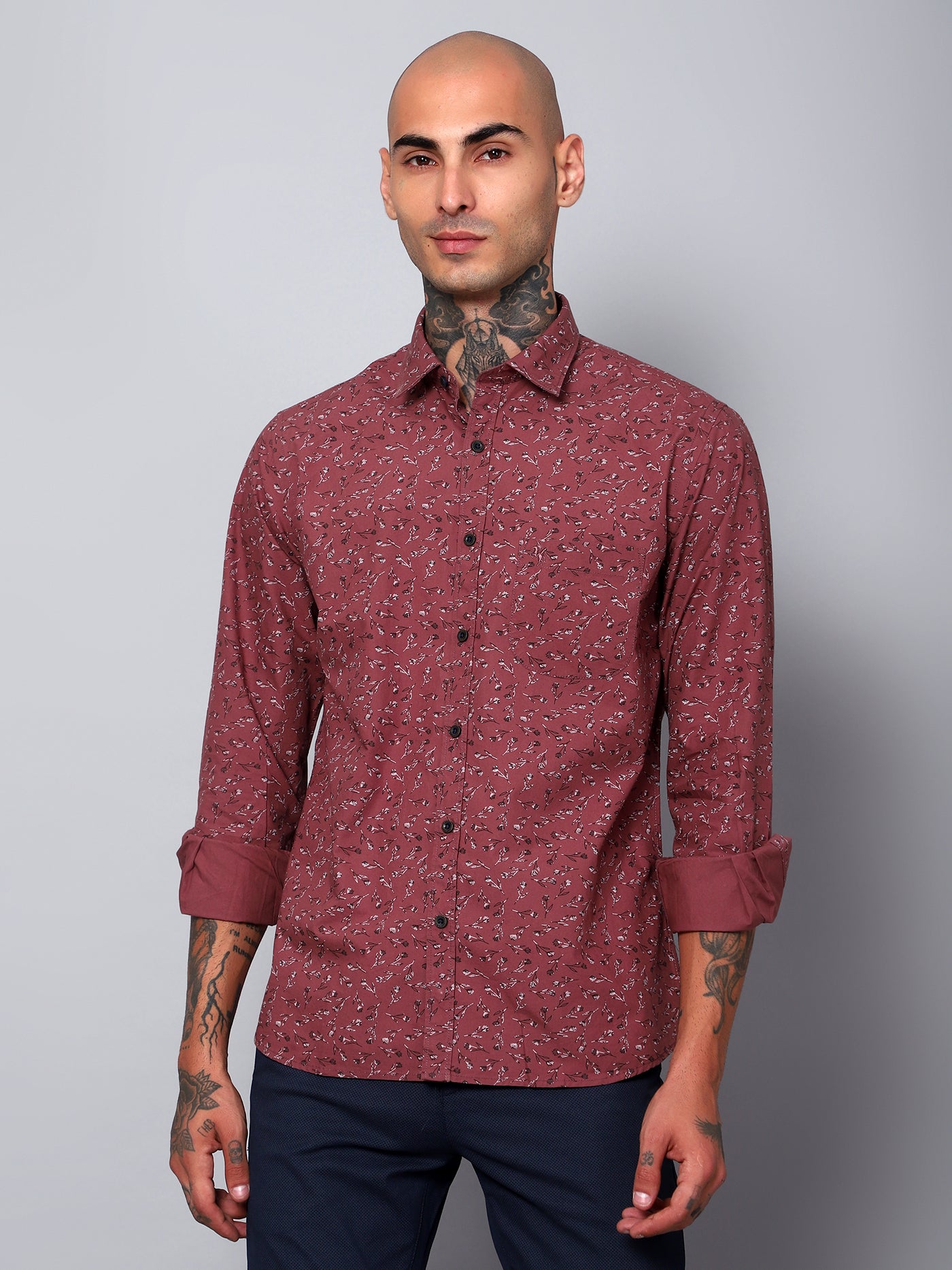Cantabil Men Maroon Floral Printed Full Sleeves Casual Shirt (7153403330699)