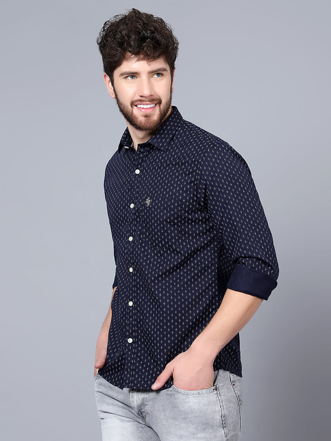 Cantabil Cotton Printed Navy Blue Full Sleeve Casual Shirt for Men with Pocket (7091376947339)