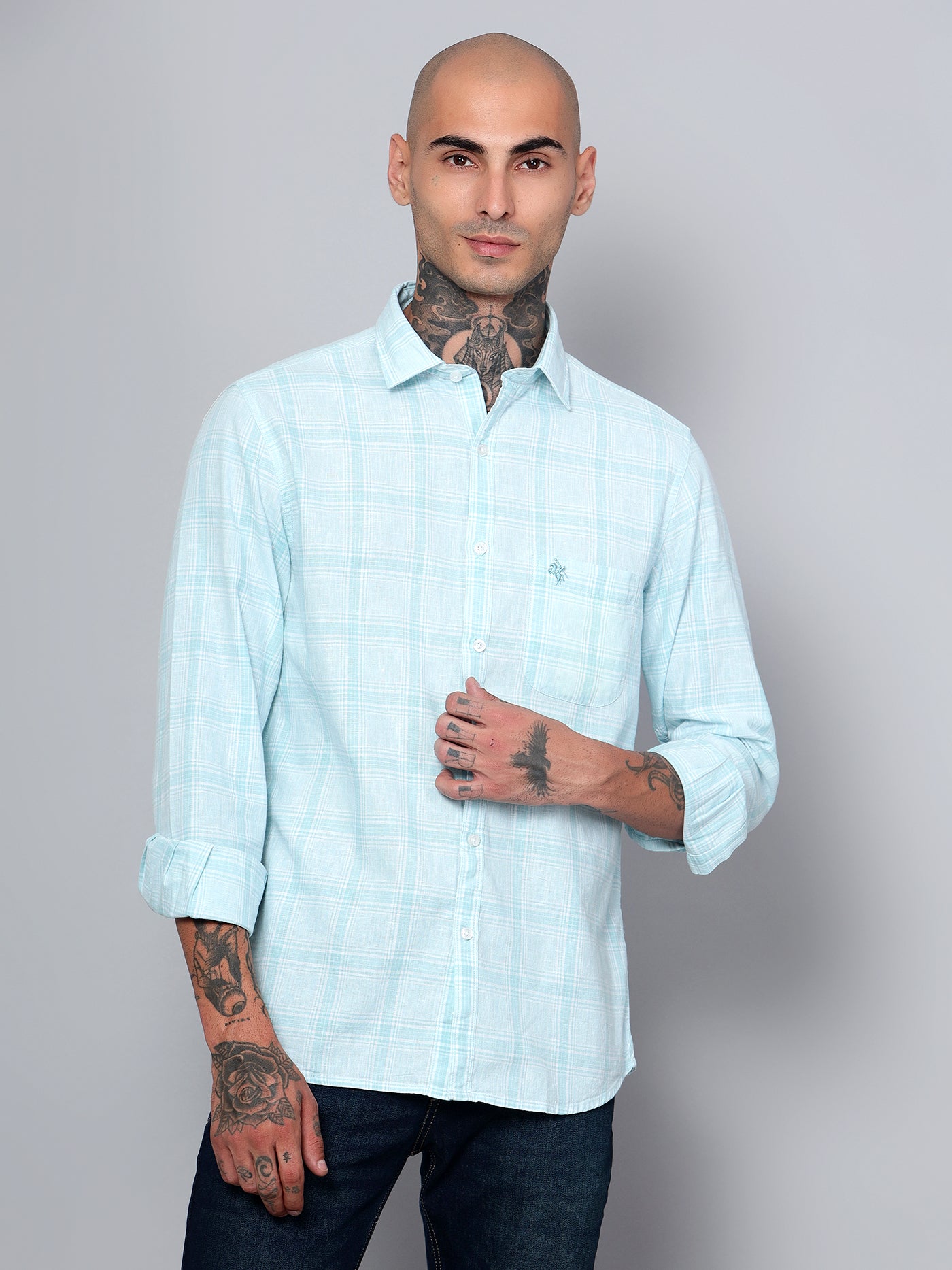 Cantabil Men Mint Blue Checkered Full Sleeves Casual Shirt (7153079353483)