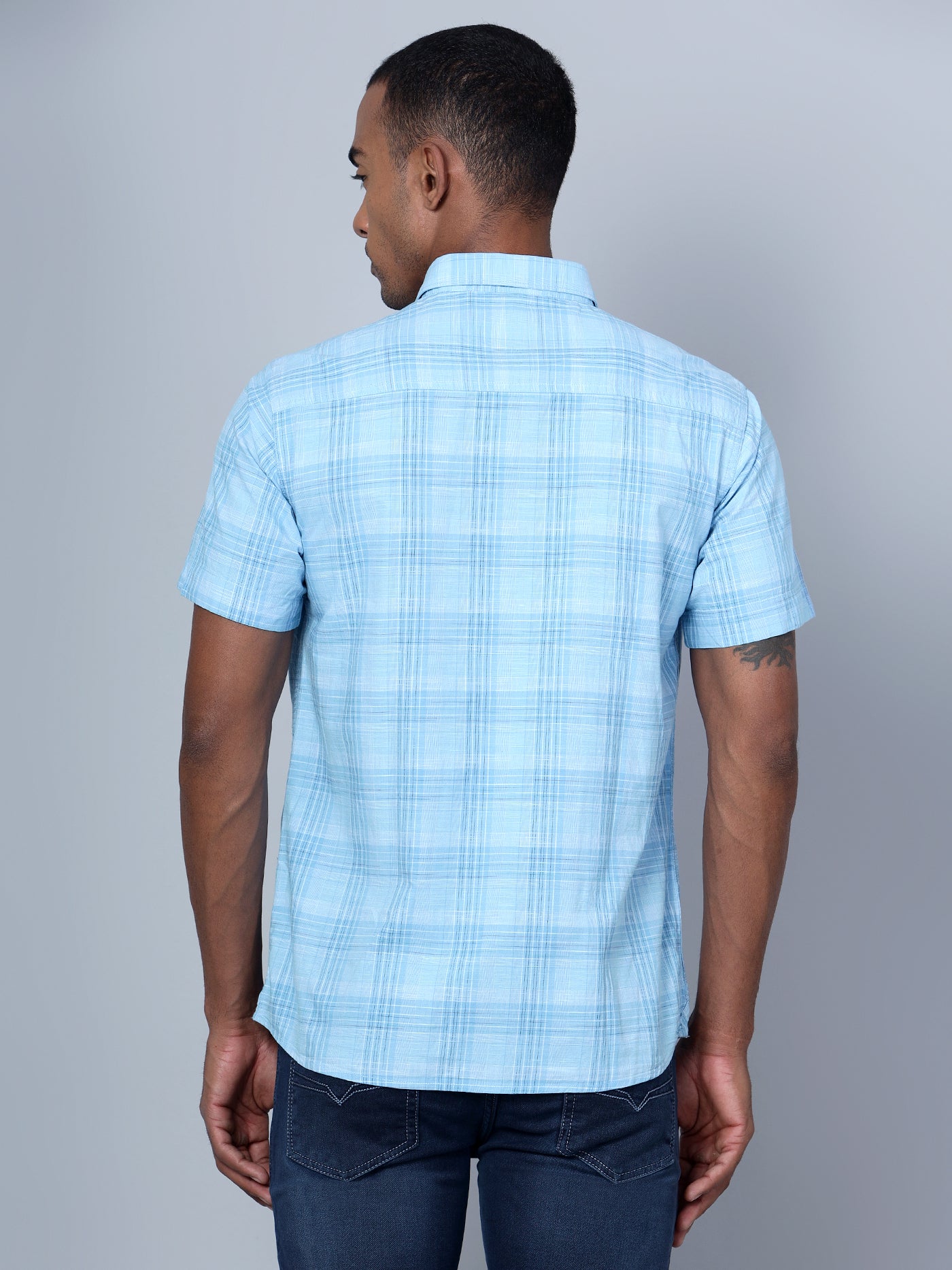 Cantabil Cotton Checkered Sky Blue Half Sleeve Casual Shirt for Men with Pocket (7136117194891)