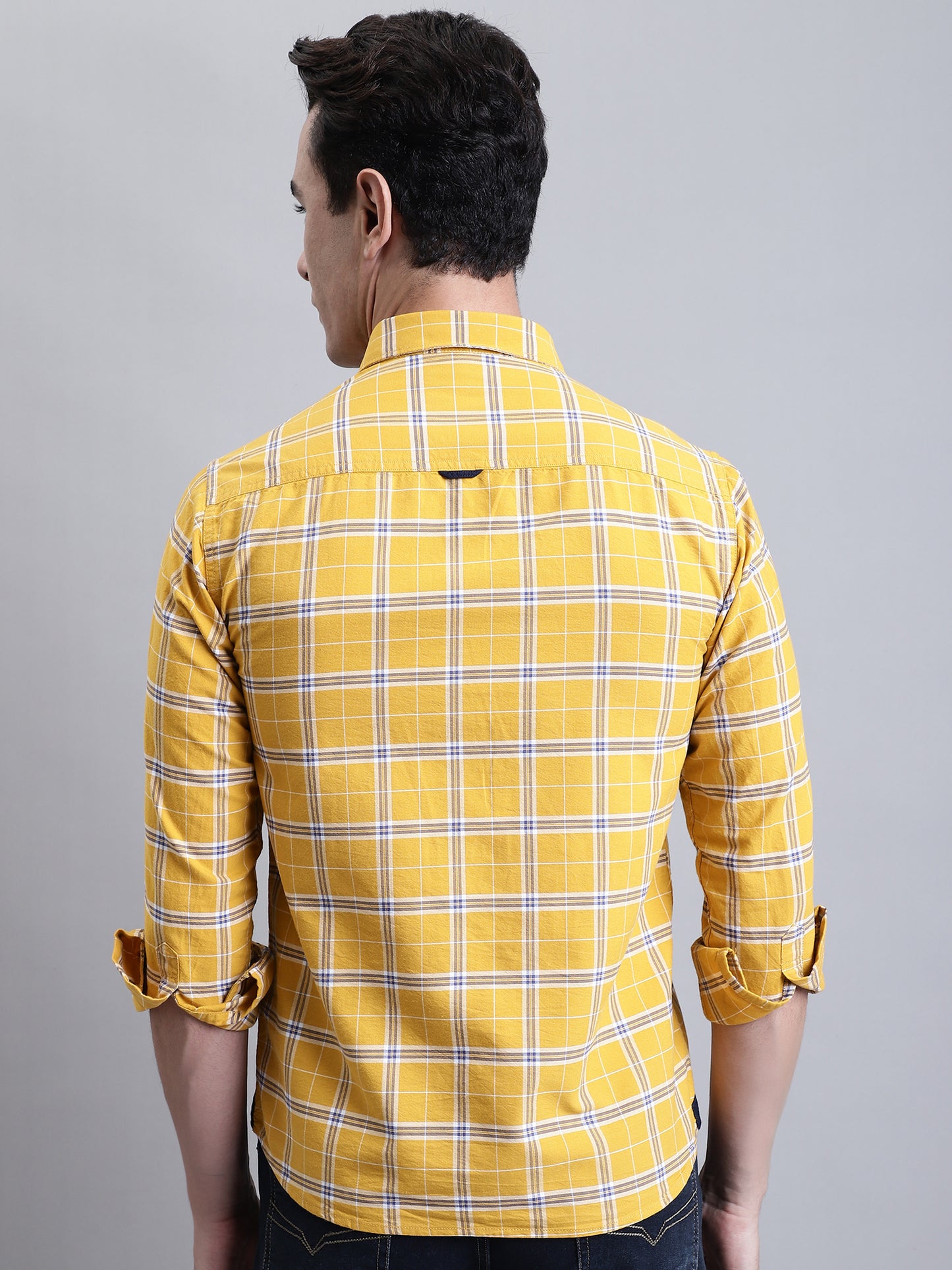 Cantabil Men Mustard Checkered Full Sleeves Casual Shirt (7156354416779)
