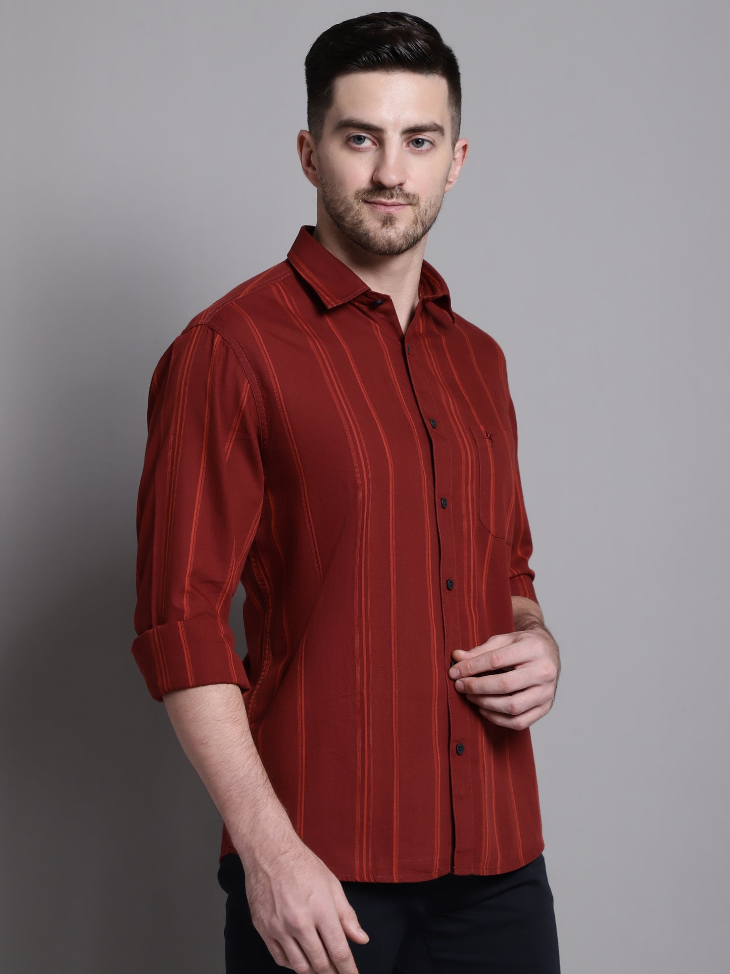 Cantabil Cotton Maroon Striped Full Sleeve Regular Fit Casual Shirt for Men with Pocket (7162817806475)
