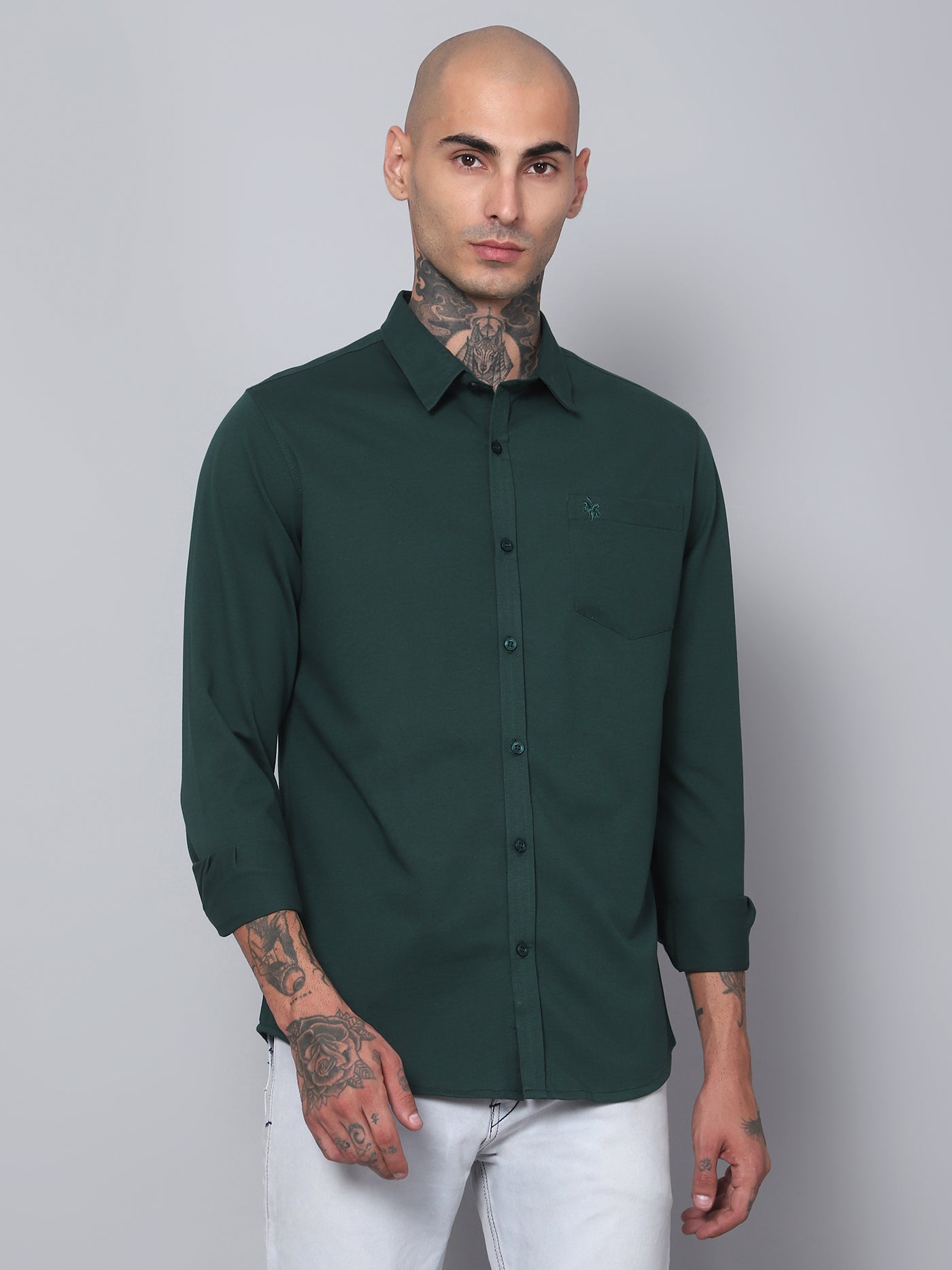 Cantabil Men Bottle Green Full Sleeves Plain Casual Shirt (7153410769035)