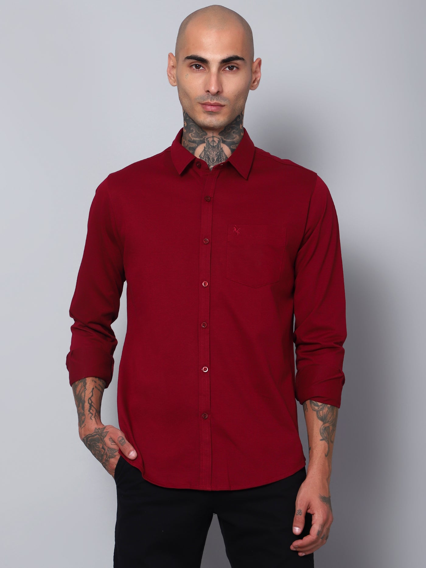 Cantabil Men Maroon Full Sleeves Plain Casual Shirt (7153410179211)