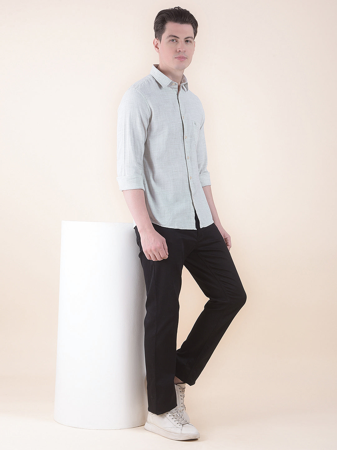 Olive Slim Fit Self Design Full Sleeve Casual Shirt