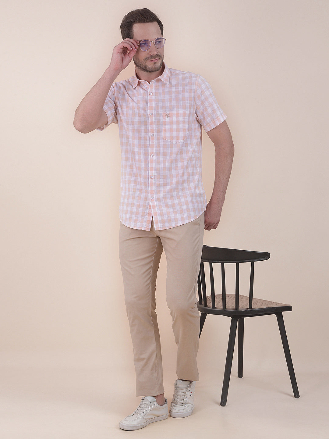 Orange Slim Fit Checkered Half Sleeve Casual Shirt