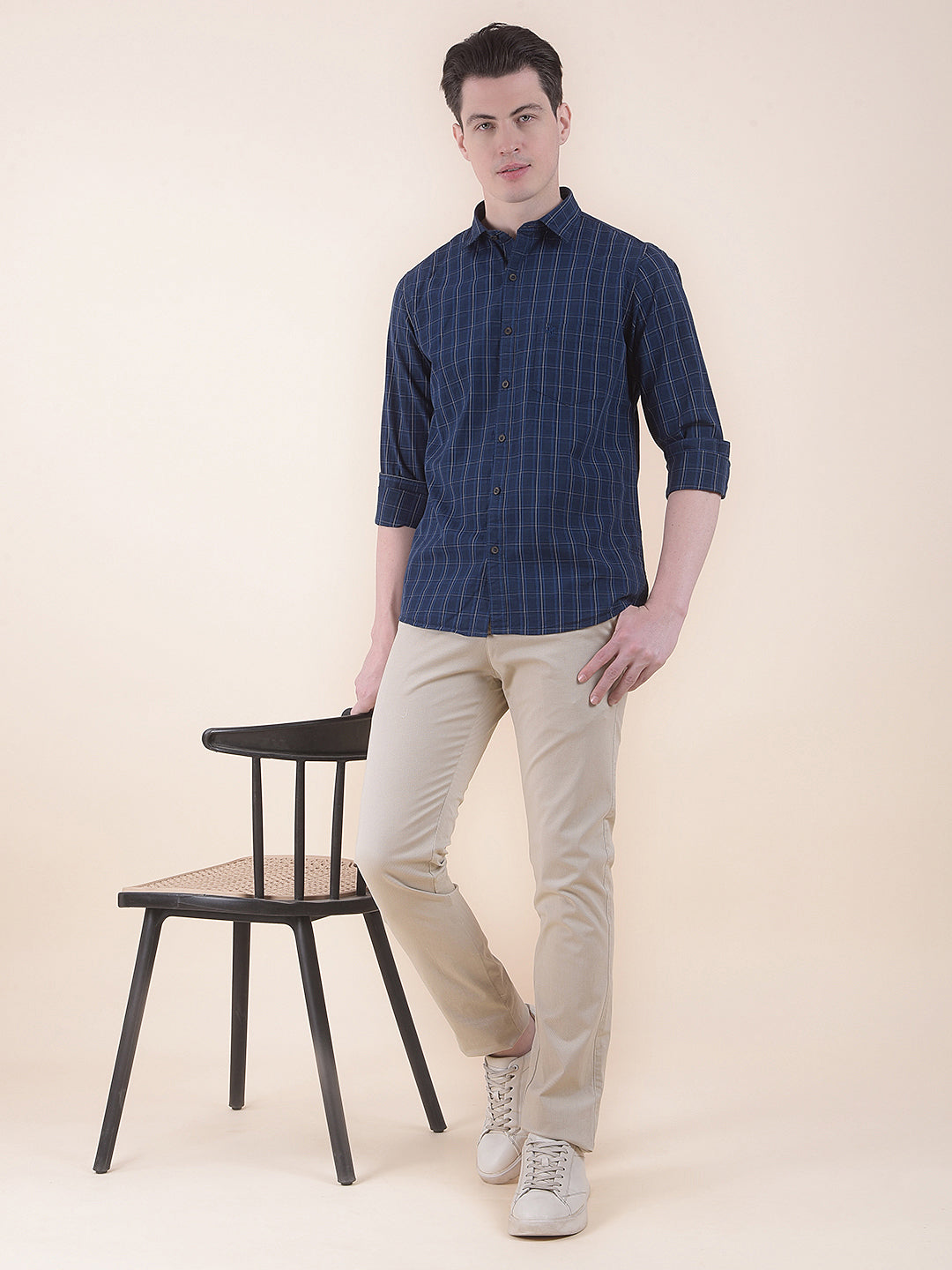 Navy Slim Fit Checkered Full Sleeve Casual Shirt
