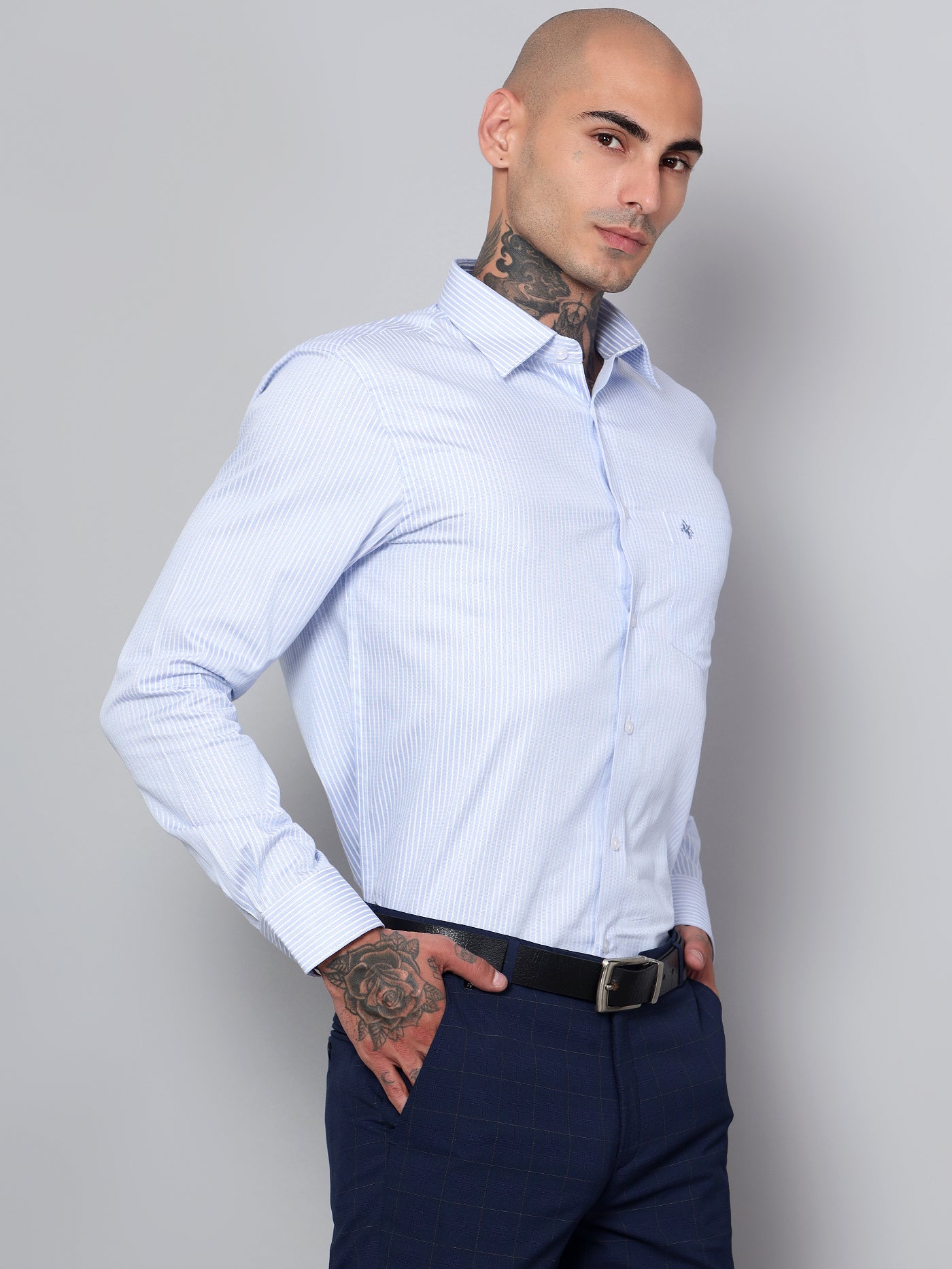 Cantabil Men Sky Blue Striped Pattern Full Sleeves Formal Shirt (7153056252043)