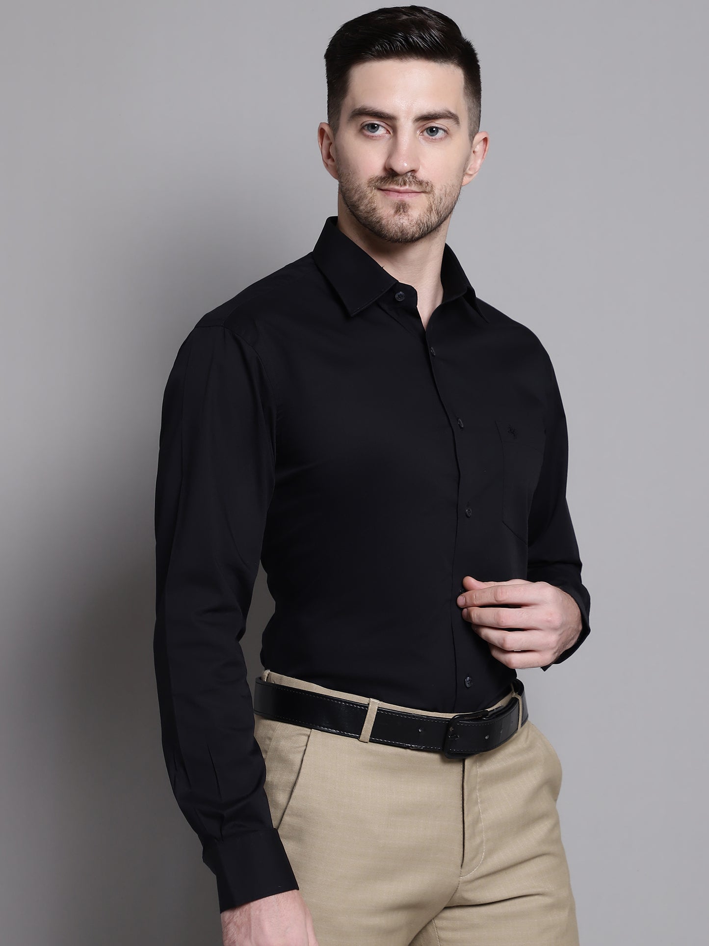 Cantabil Cotton Blend Black Solid Full Sleeve Regular Fit Formal Shirt for Men with Pocket (7162818953355)