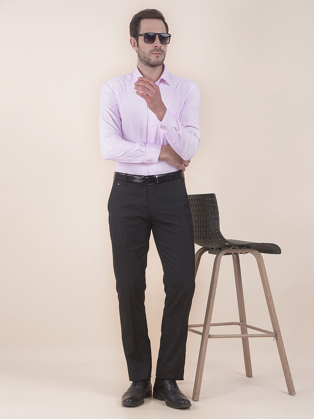Pink Regular Fit Self Design Full Sleeve Formal Shirt
