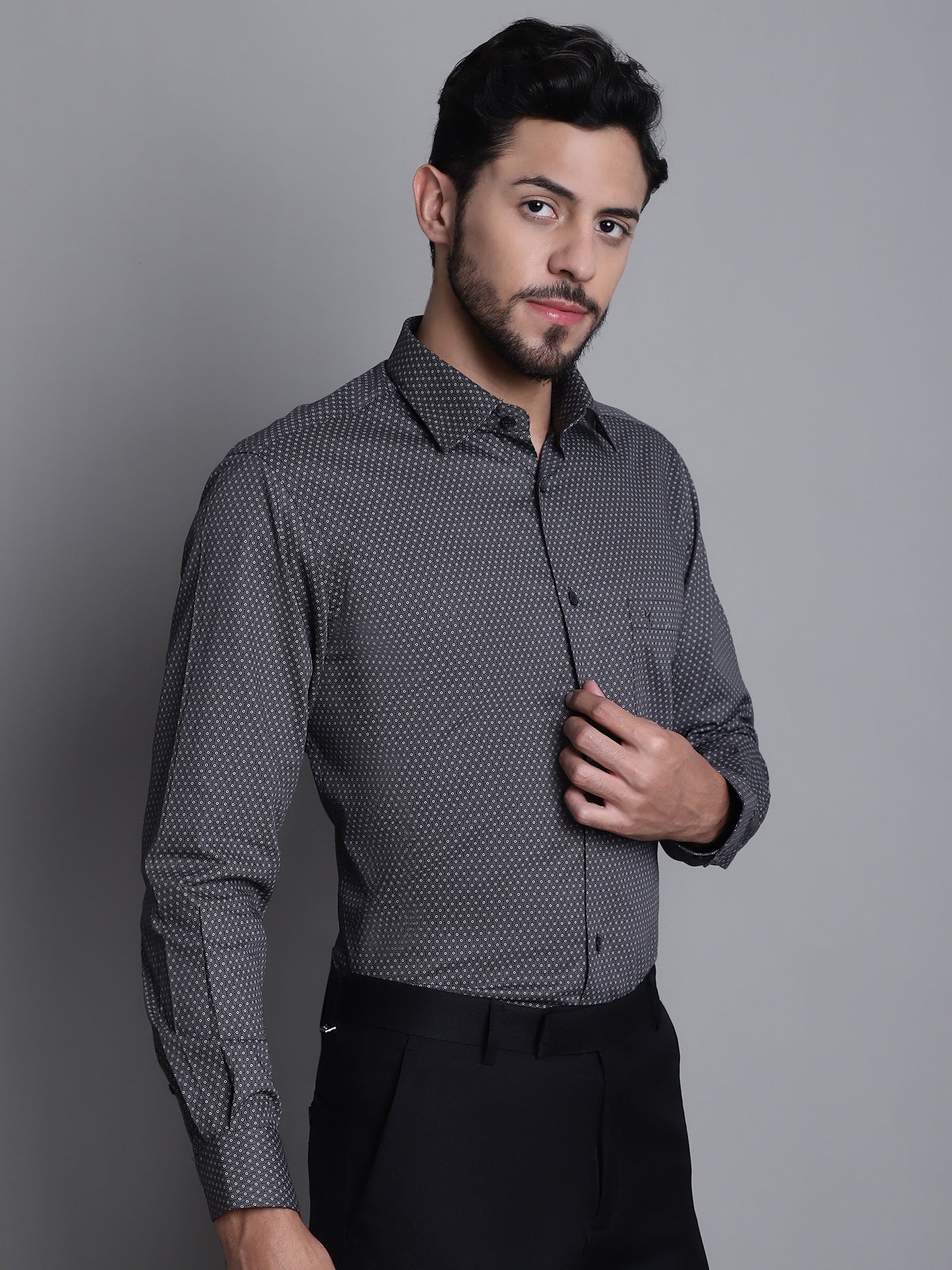 Cantabil Cotton Blend Printed Black Full Sleeve Party Wear Shirt for Men with Pocket (7165406544011)