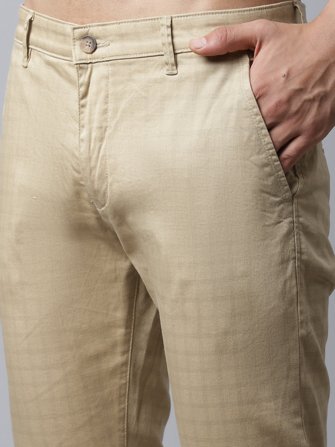 Cantabil Men Khaki Cotton Blend Checkered Regular Fit Casual Trouser (7037615472779)