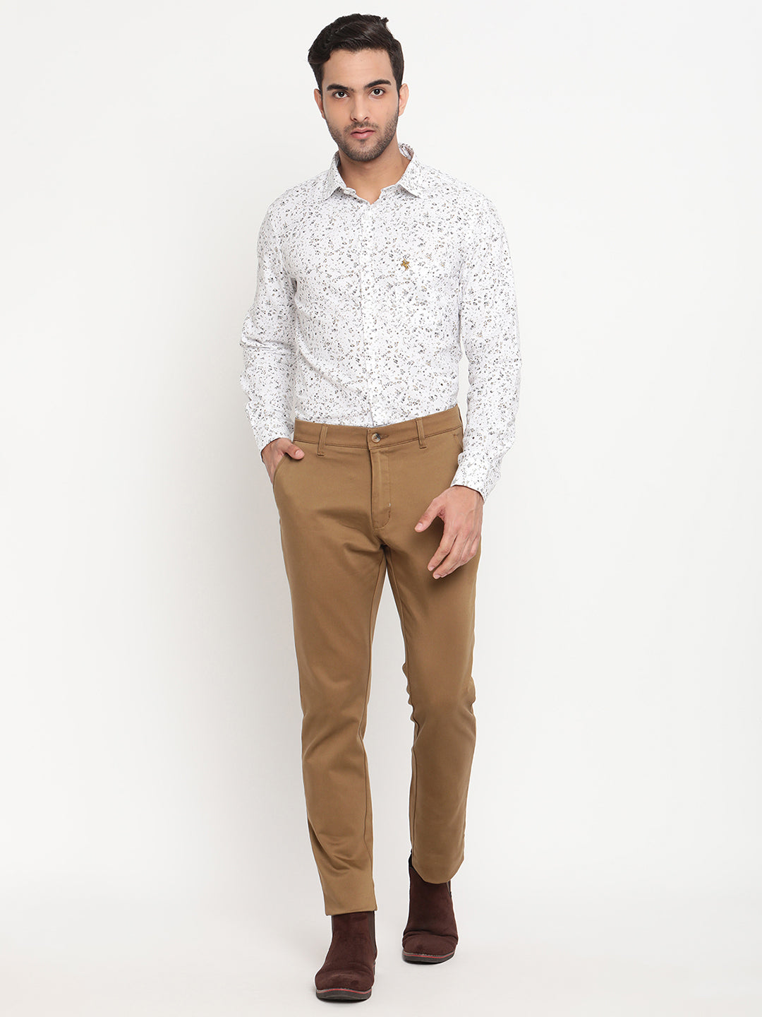 Cantabil Men Brown Cotton Blend Solid Regular Fit Casual Trouser (6794550345867)