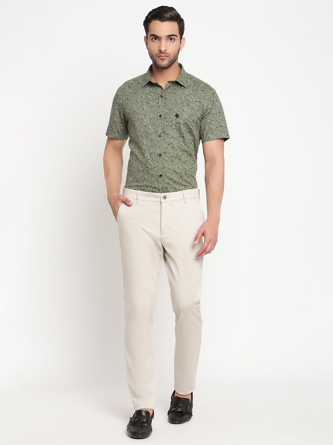 Cantabil Men Beige Cotton Blend Solid Regular Fit Casual Trouser (6794721788043)