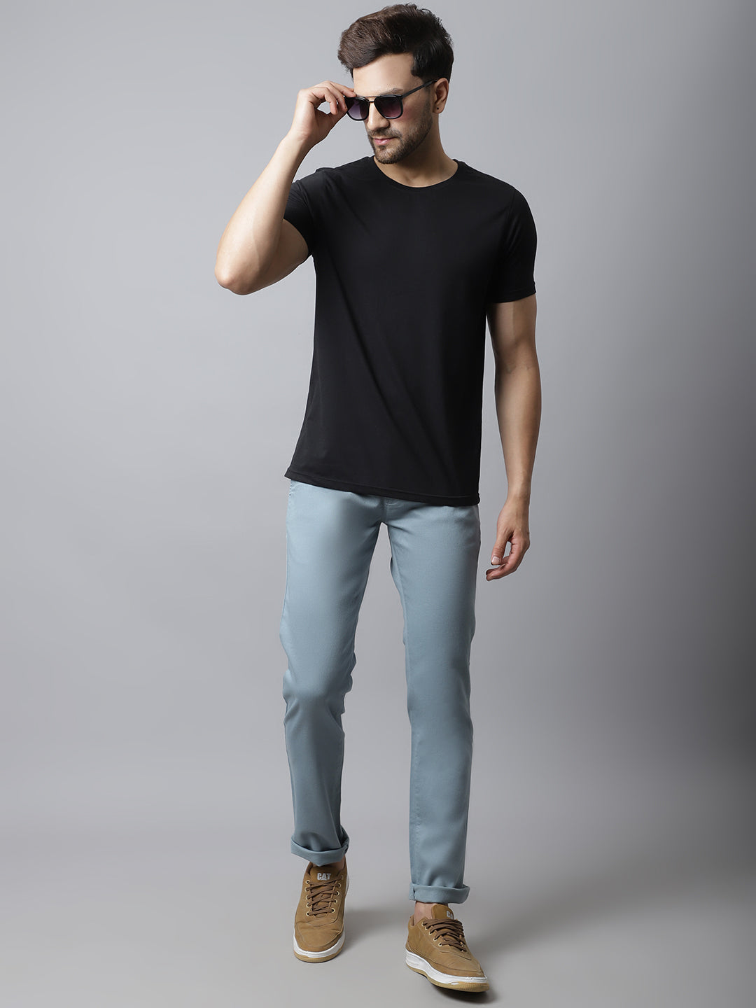 Cantabil Men Aqua Blue Cotton Blend Self Design Regular Fit Casual Trouser (7048355250315)