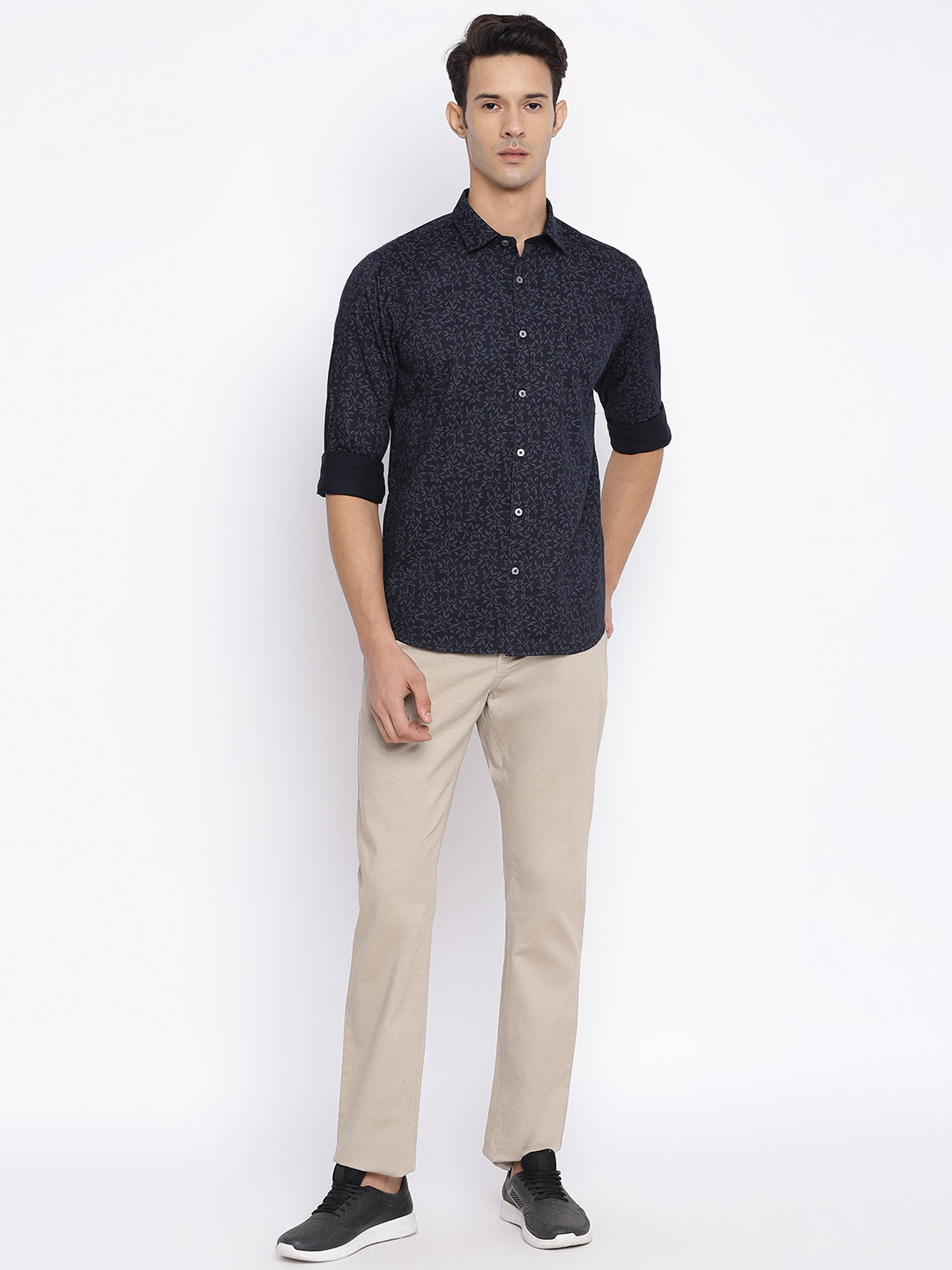 Cantabil Men Beige Cotton Blend Printed Regular Fit Casual Trouser (7047316668555)