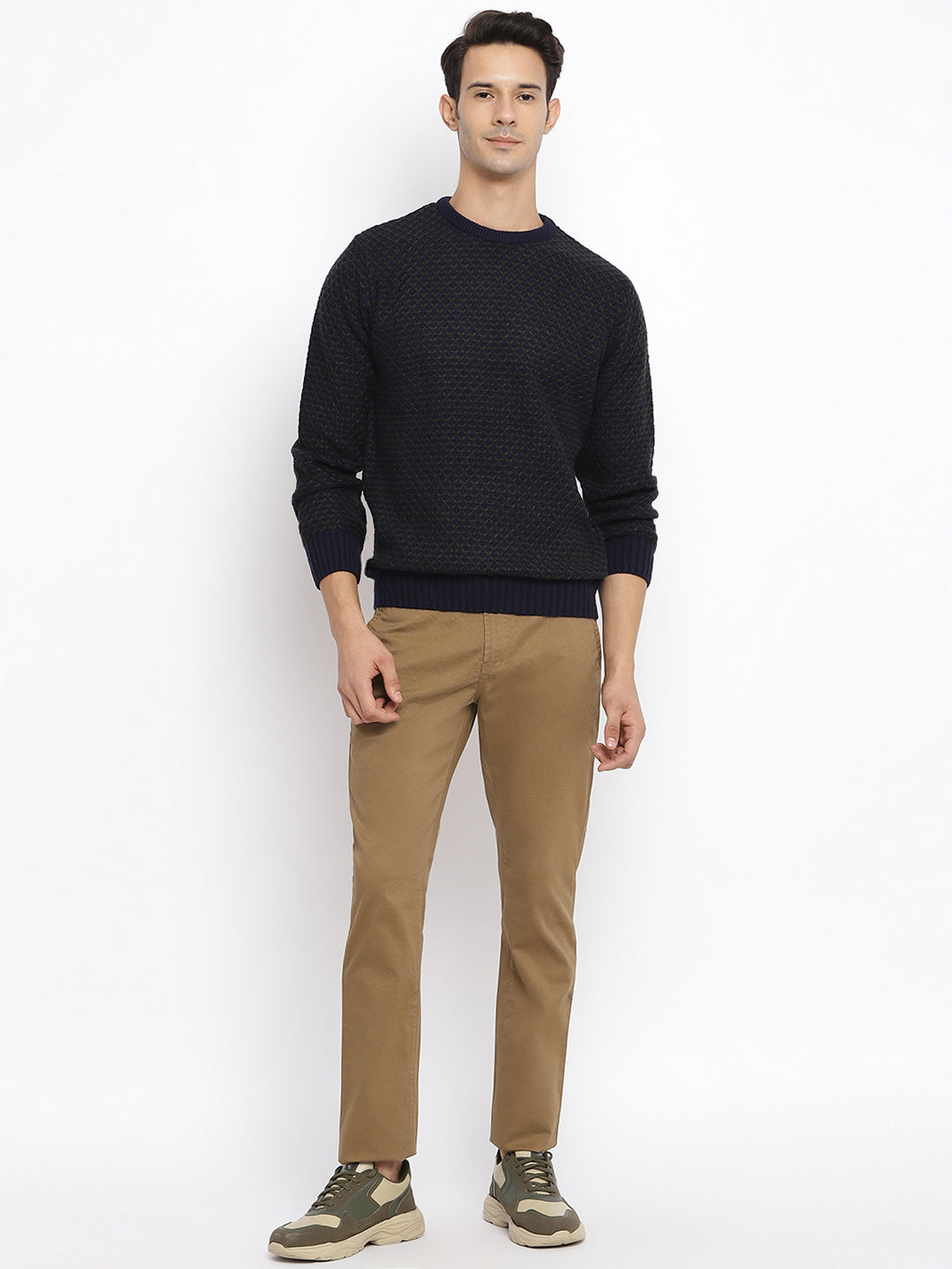 Cantabil Men Khaki Cotton Blend Printed Regular Fit Casual Trouser (7047319060619)