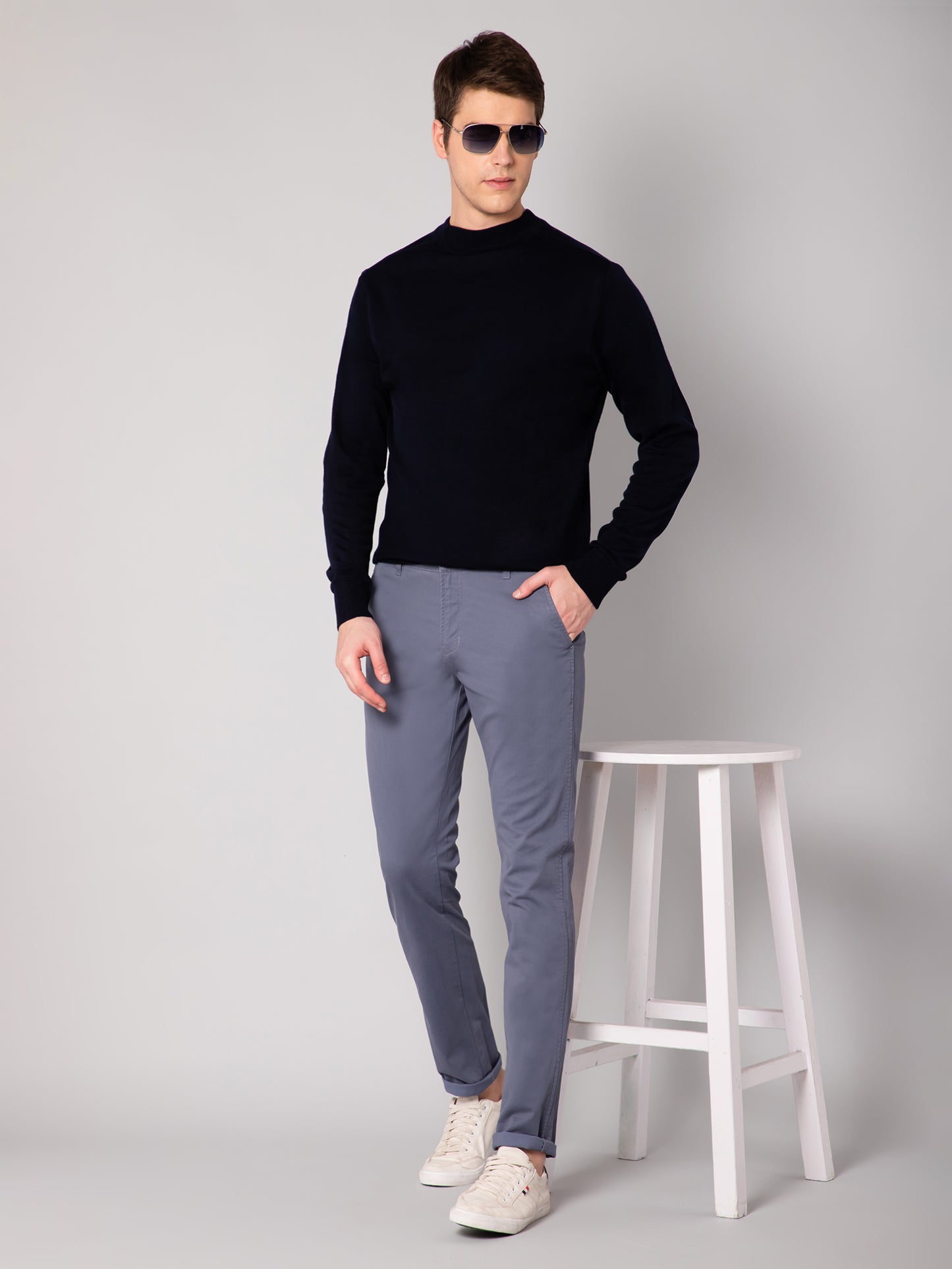 Cantabil Men Blue Cotton Blend Printed Regular Fit Casual Trouser (7048951988363)