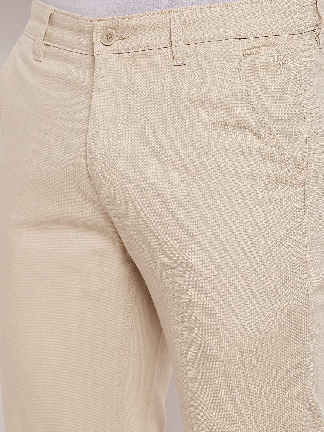 Cantabil Men Beige Cotton Blend Self Design Regular Fit Casual Trouser (7057764319371)
