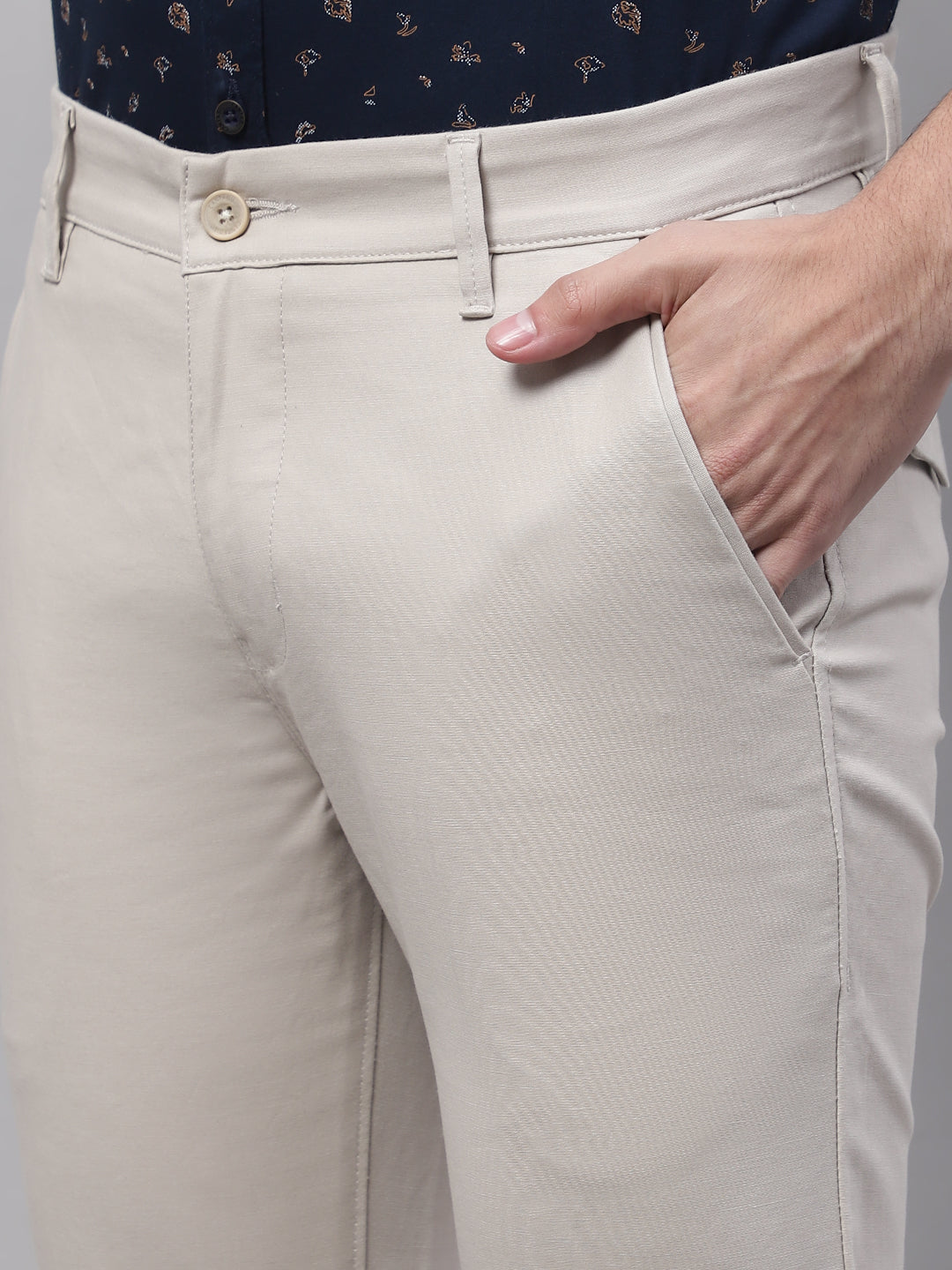 Cantabil Men Beige Cotton Blend Solid Regular Fit Casual Trouser (7091776651403)