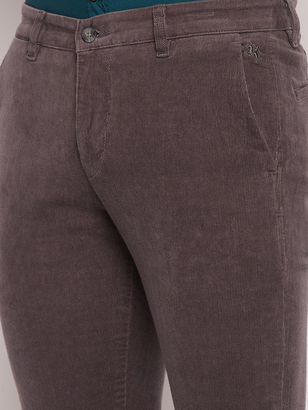 Cantabil Men Grey Corduroy Blend Solid Regular Fit Casual Trouser (7057772281995)