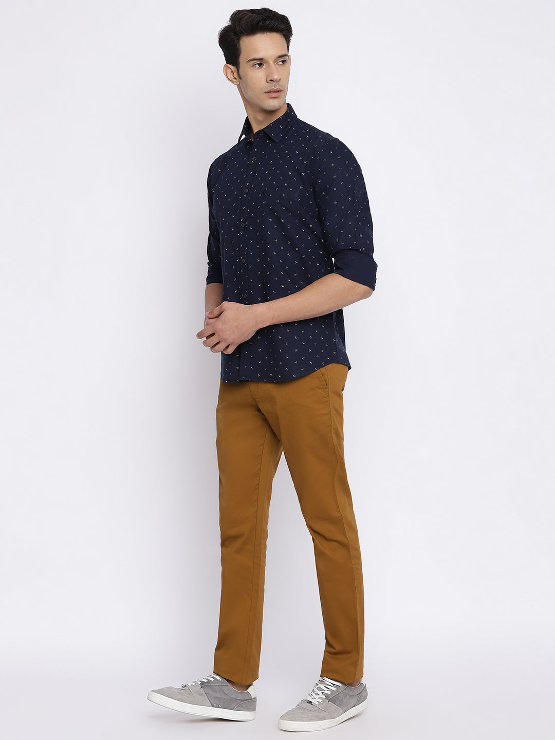 Cantabil Men Brown Cotton Blend Self Design Regular Fit Casual Trouser (7047342194827)