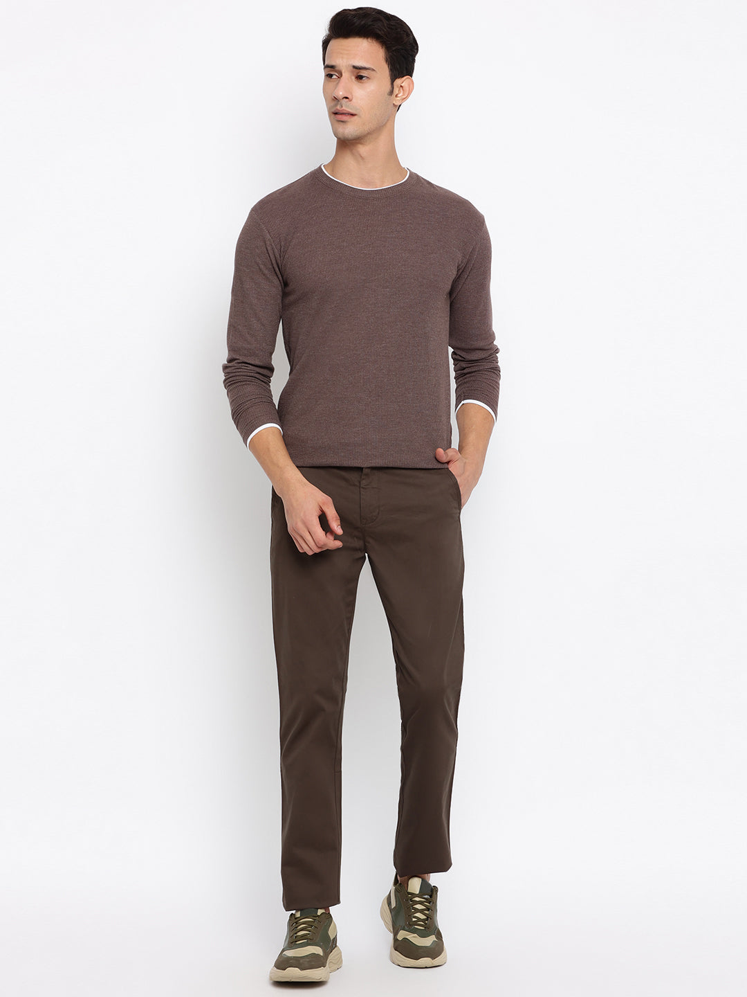 Cantabil Men Green Cotton Blend Self Design Regular Fit Casual Trouser (7047347634315)