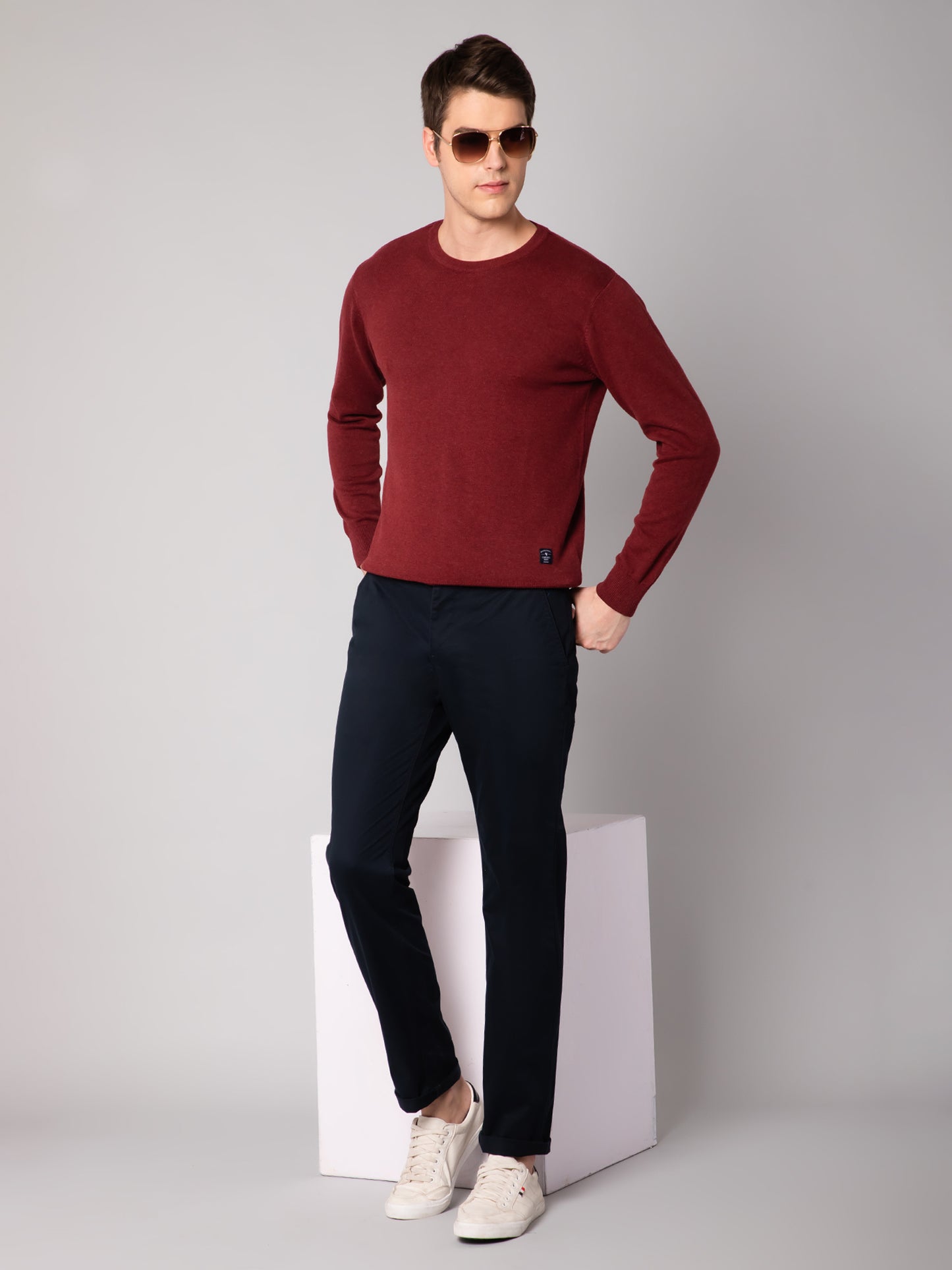 Cantabil Men Navy Blue Cotton Blend Solid Regular Fit Casual Trouser (7048968339595)