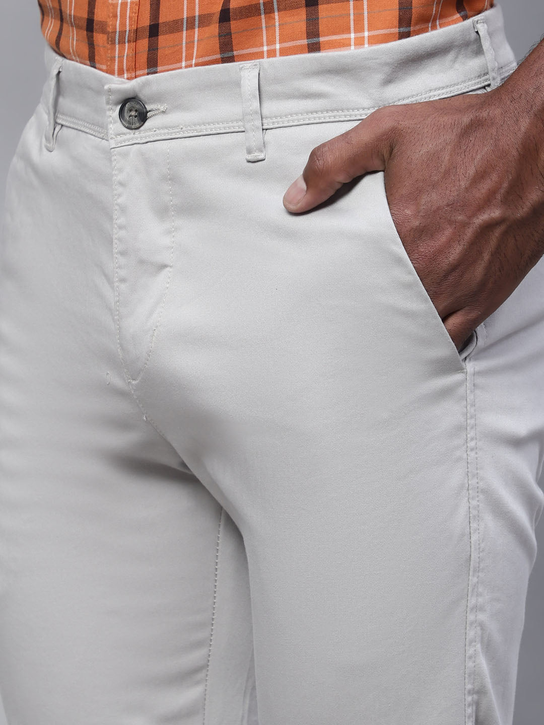 Cantabil Men Off White Cotton Blend Solid Regular Fit Casual Trouser (7113933553803)