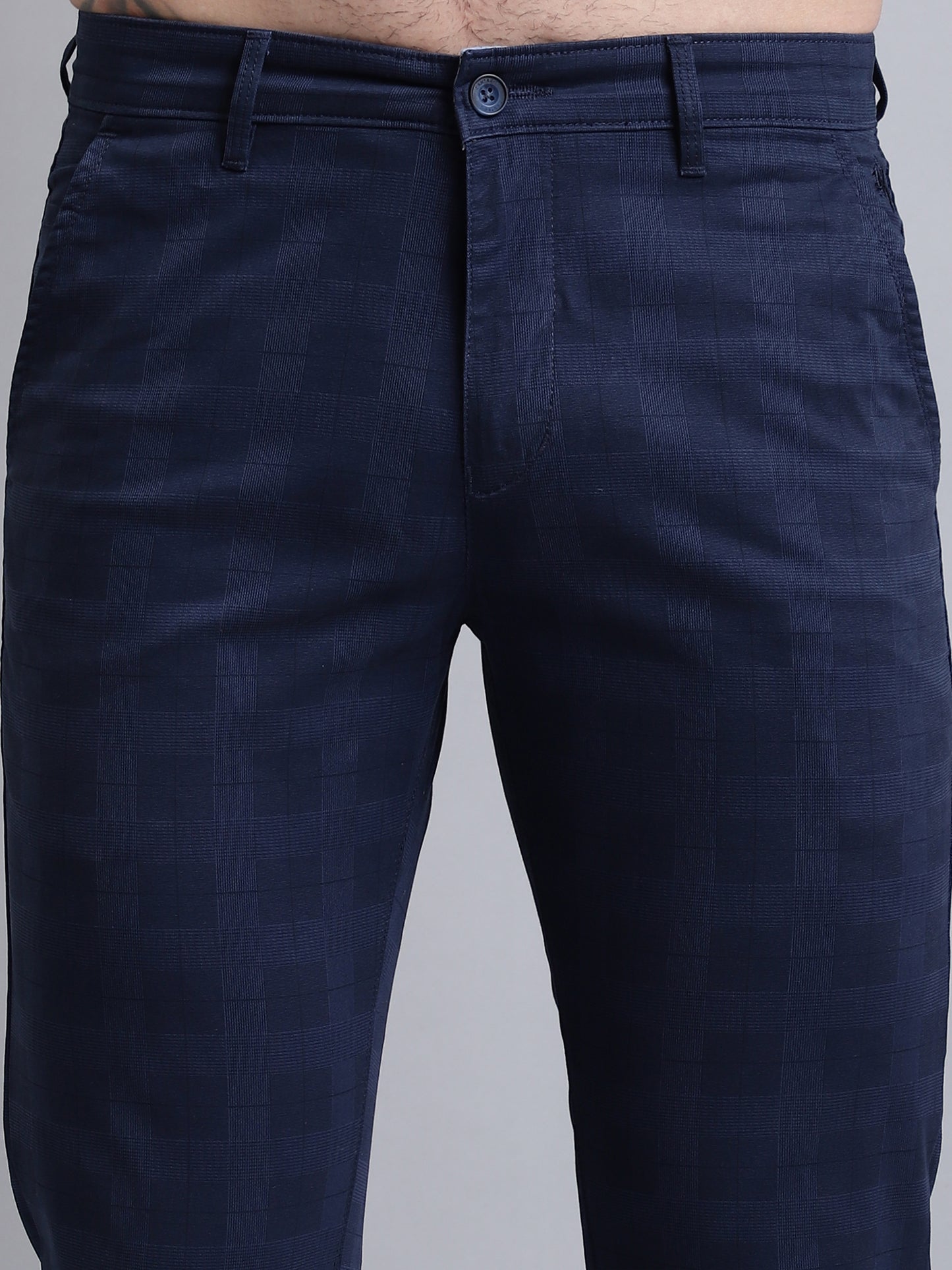 Cantabil Men Navy Blue Checkered Casual Trouser (7155789070475)
